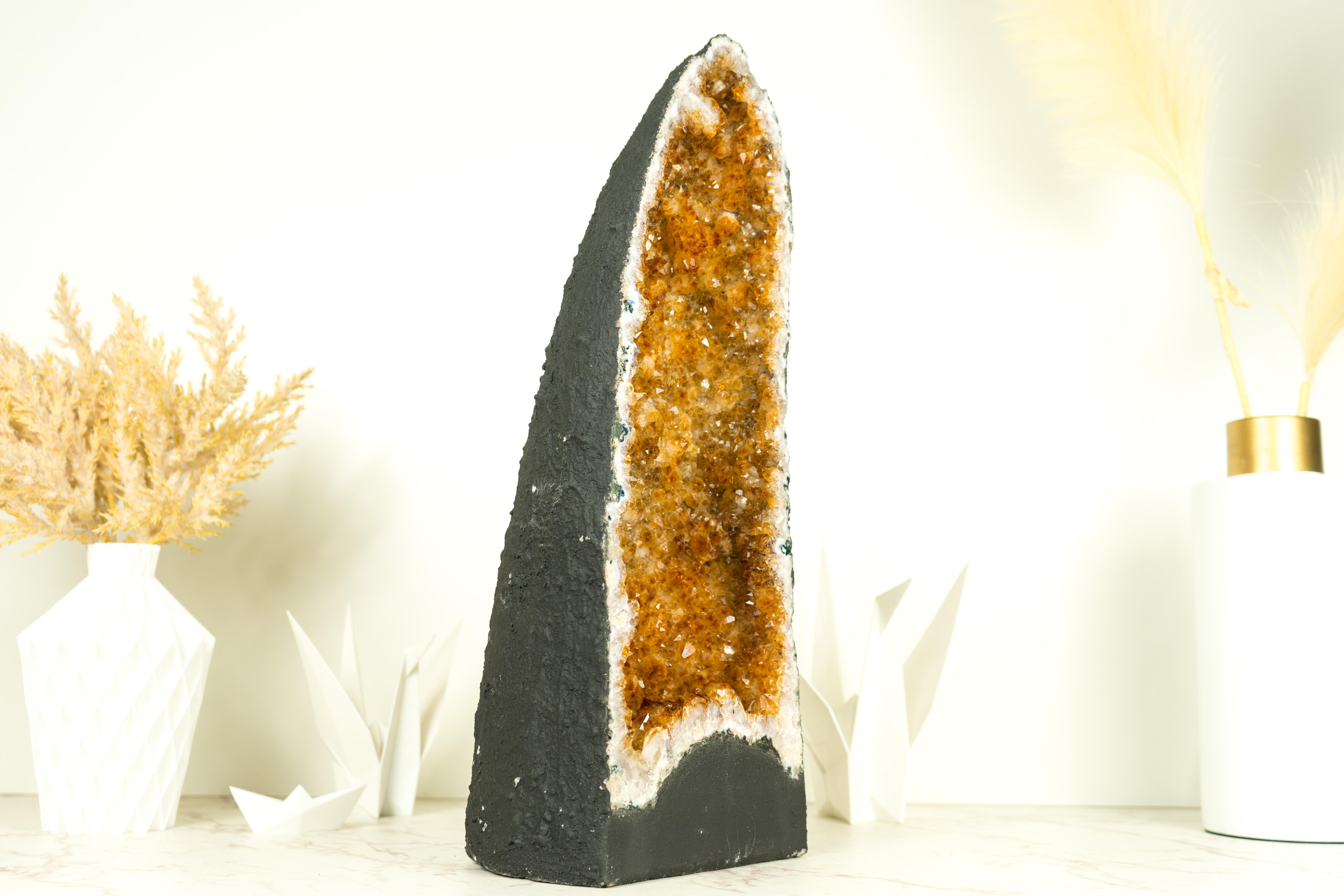 Contemporary Yellow Citrine Crystal Geode with Stalactite Flowers
