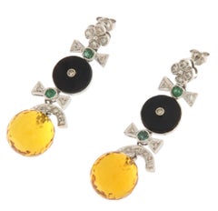 Yellow Citrine Diamonds Emeralds Onyx 18 Karat White Gold Drop Earrings