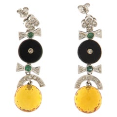 Yellow Citrine Diamonds Emeralds Onyx 18 Karat White Gold Drop Earrings