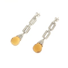 Modern 18K White Gold Natural Diamond & Faceted Citrine Teardrop Earrings