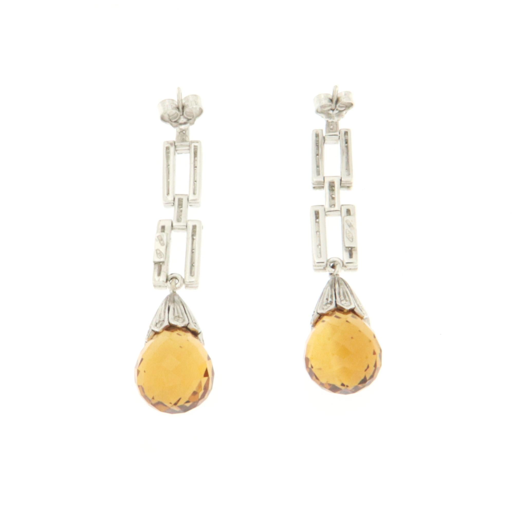 Artisan Yellow Citrine Diamonds White Gold 18 Karat Drop Earrings  For Sale