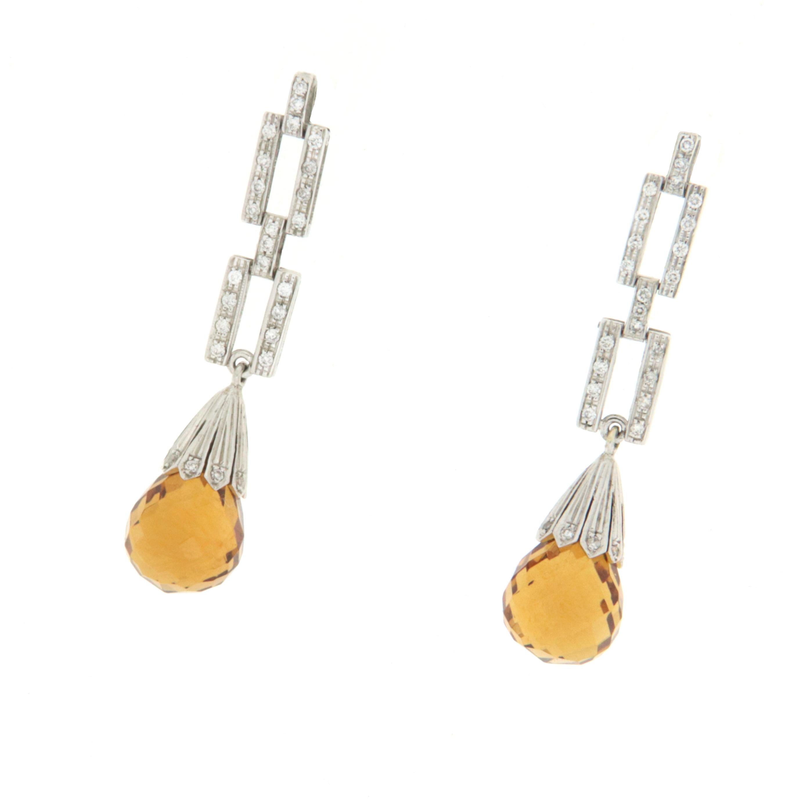Yellow Citrine Diamonds White Gold 18 Karat Drop Earrings  In New Condition For Sale In Marcianise, IT