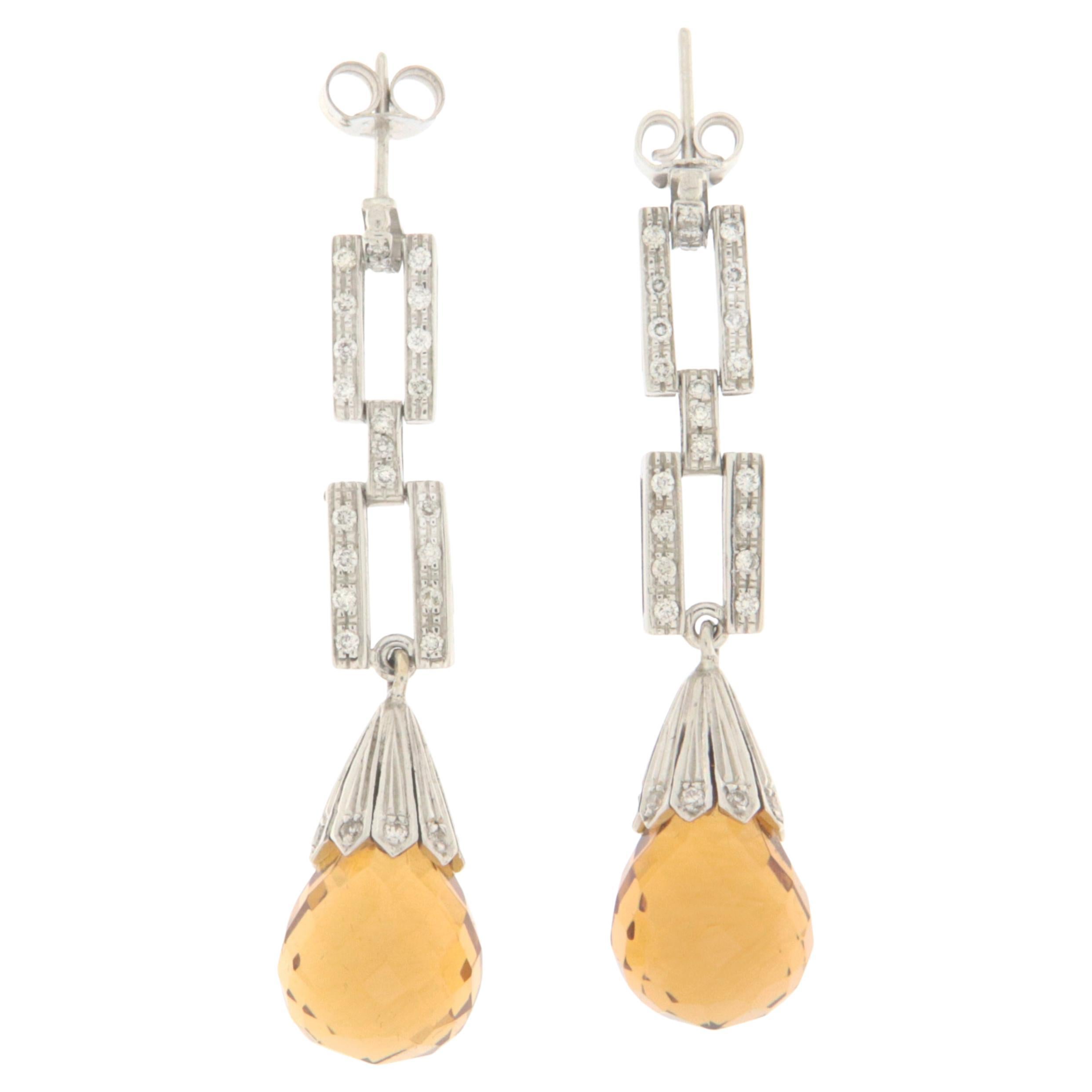 Yellow Citrine Diamonds White Gold 18 Karat Drop Earrings  For Sale