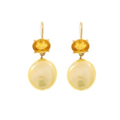 Yellow Citrine Freshwater Pearls 9 Karat Rose Gold Earrings Handcrafted