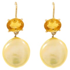 Yellow Citrine Freshwater Pearls 9 Karat Rose Gold Earrings Handcrafted