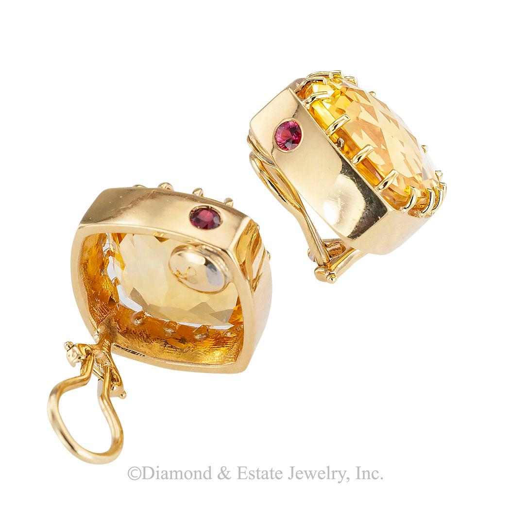 Citrine and yellow gold clip on earrings circa 1990.  Clear and concise information you want to know is listed below.  Contact us right away if you have additional questions.  We are here to connect you with beautiful and affordable jewelry.  It is