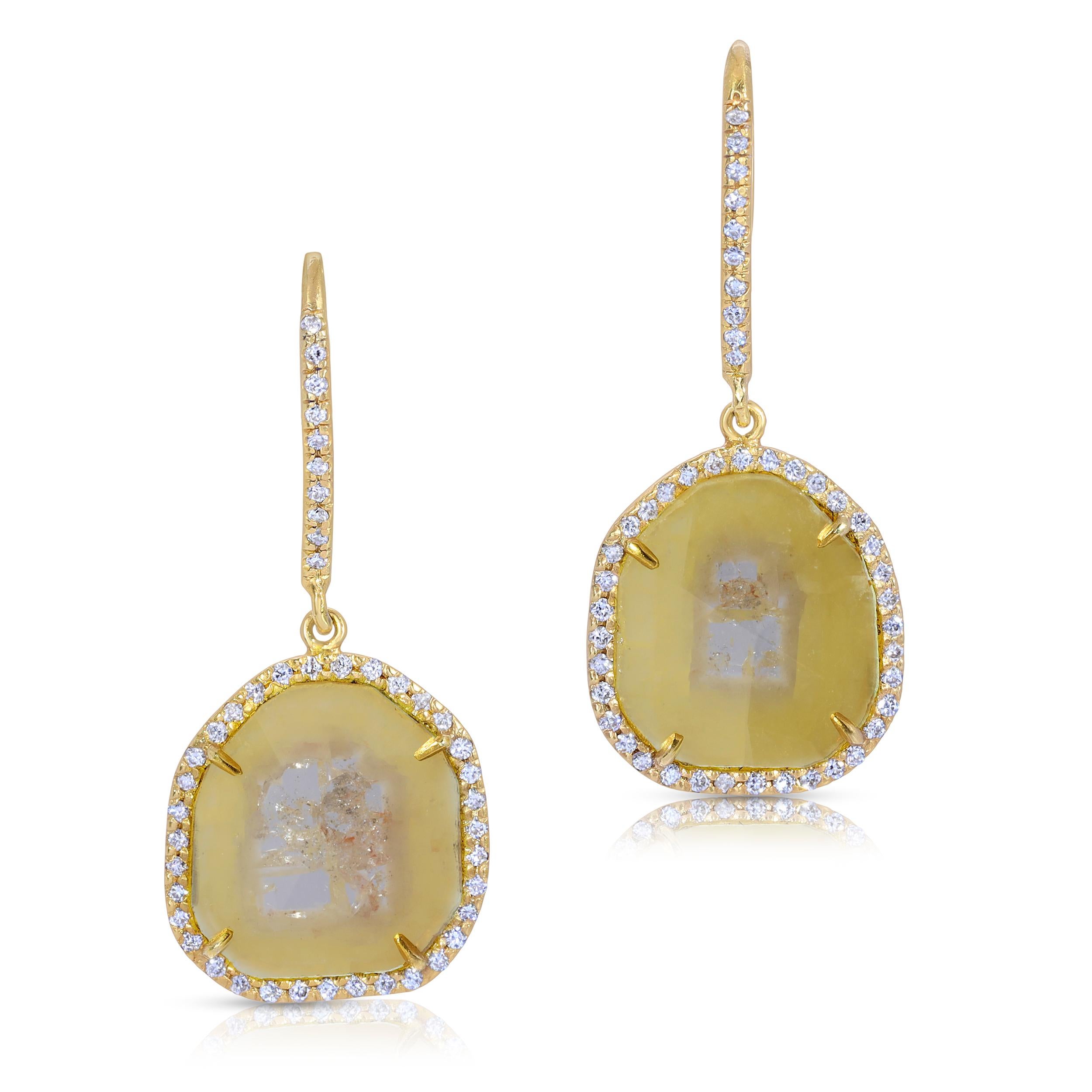 3.92ct Clear Yellow Diamond Slices with .45ct vs quality Diamond Pave in 18k Yellow Gold with Diamond Pave French clips. Handmade in Los Angeles. All Diamonds are ethically sourced  