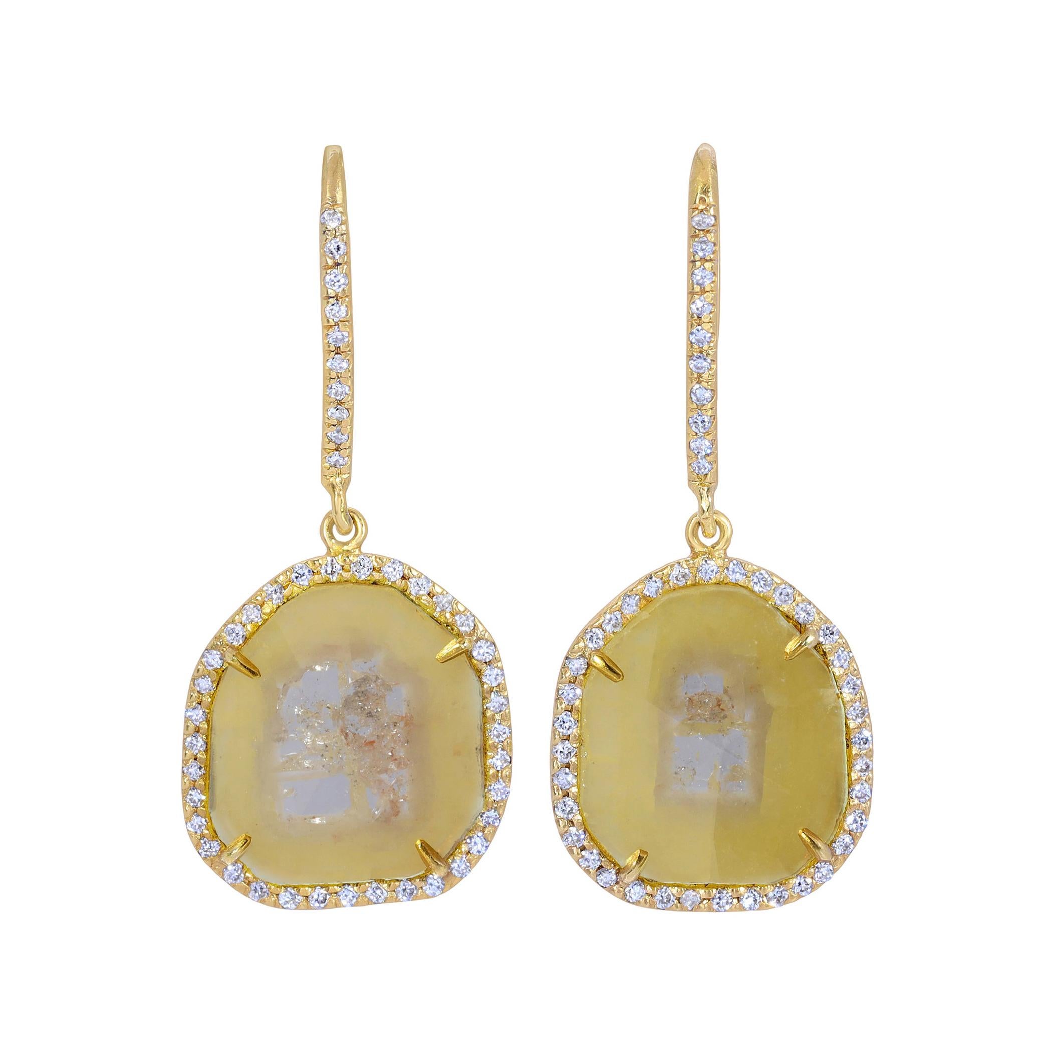 Yellow Clear Diamond Slice Drop Earrings with Diamond Halo in 18k Yellow Gold