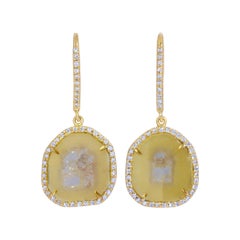 Yellow Clear Diamond Slice Drop Earrings with Diamond Halo in 18k Yellow Gold