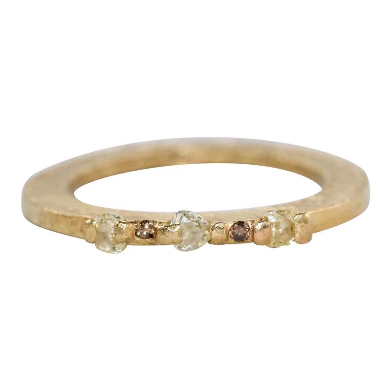 Yellow Color Diamonds 18 Karat Recycled Gold Wedding Three-Stone Stackable Ring For Sale