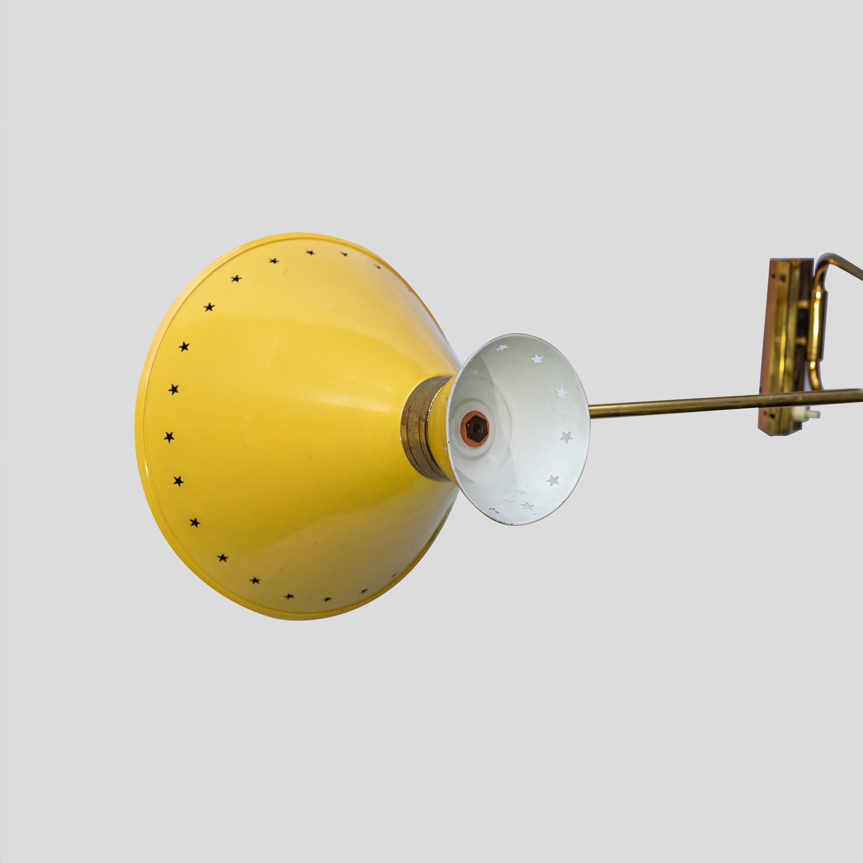 French Yellow color enamelled shade wall lights by Rene Mathieu for Lunel sconce For Sale
