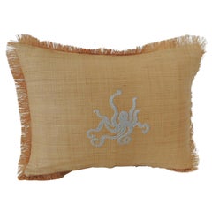 Yellow Color Woven Raffia Decorative Lumbar Pillow with Beaded Octopus