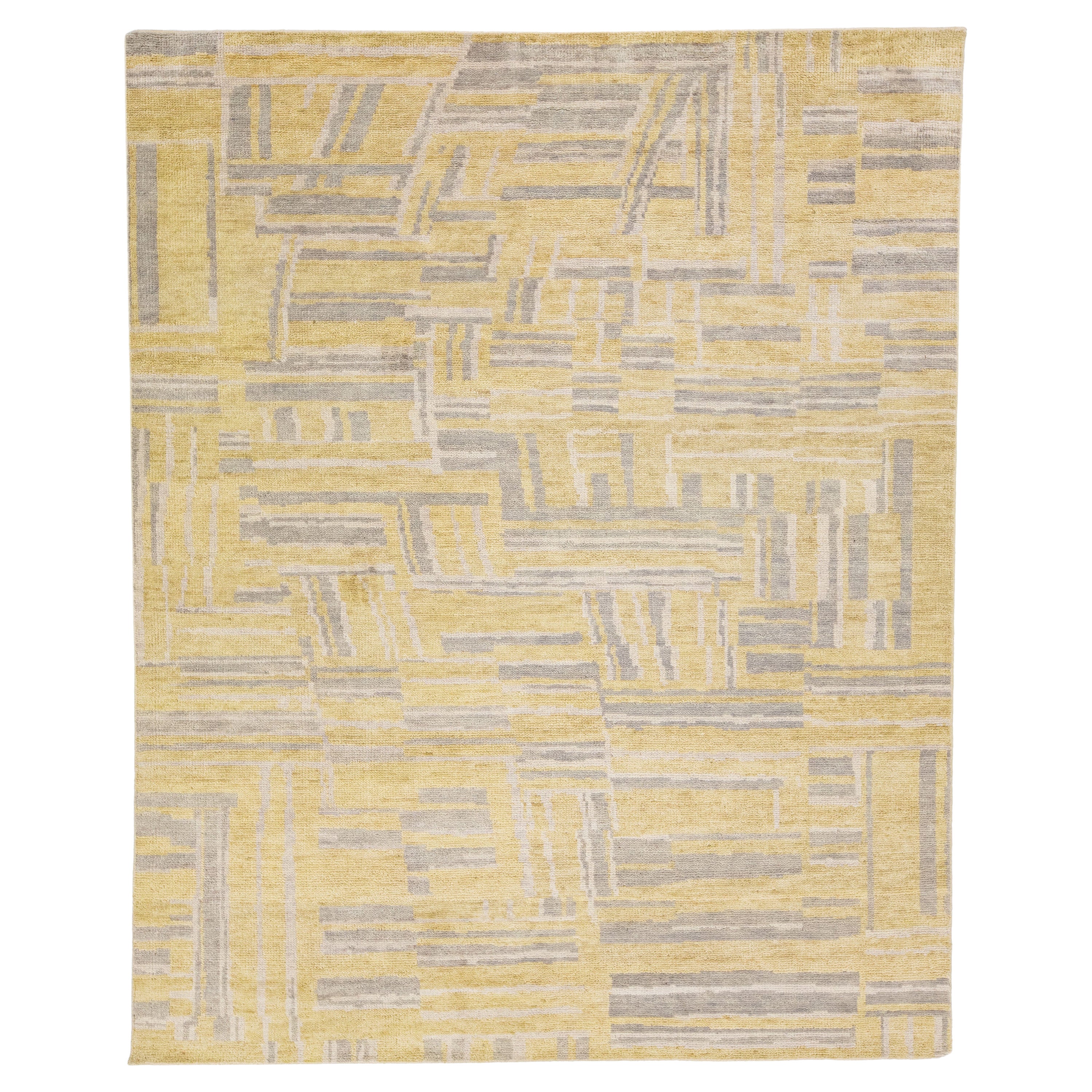 Yellow Contemporary Abstract Motif Handmade Wool Rug For Sale