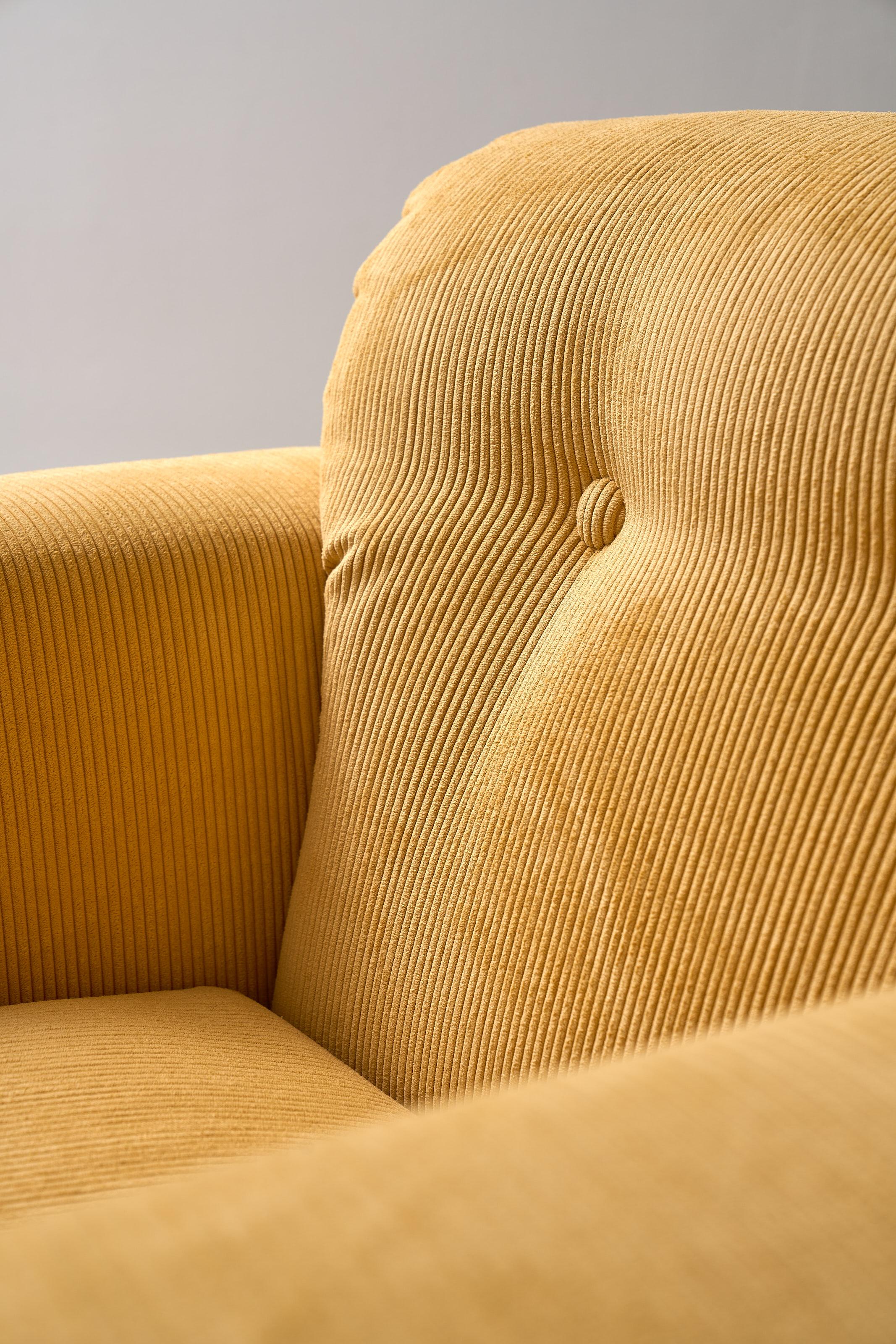 Yellow corduroy  easy chairs by Ceriotti with a metallic frame. We also have a matching sofa in pink velvet available.