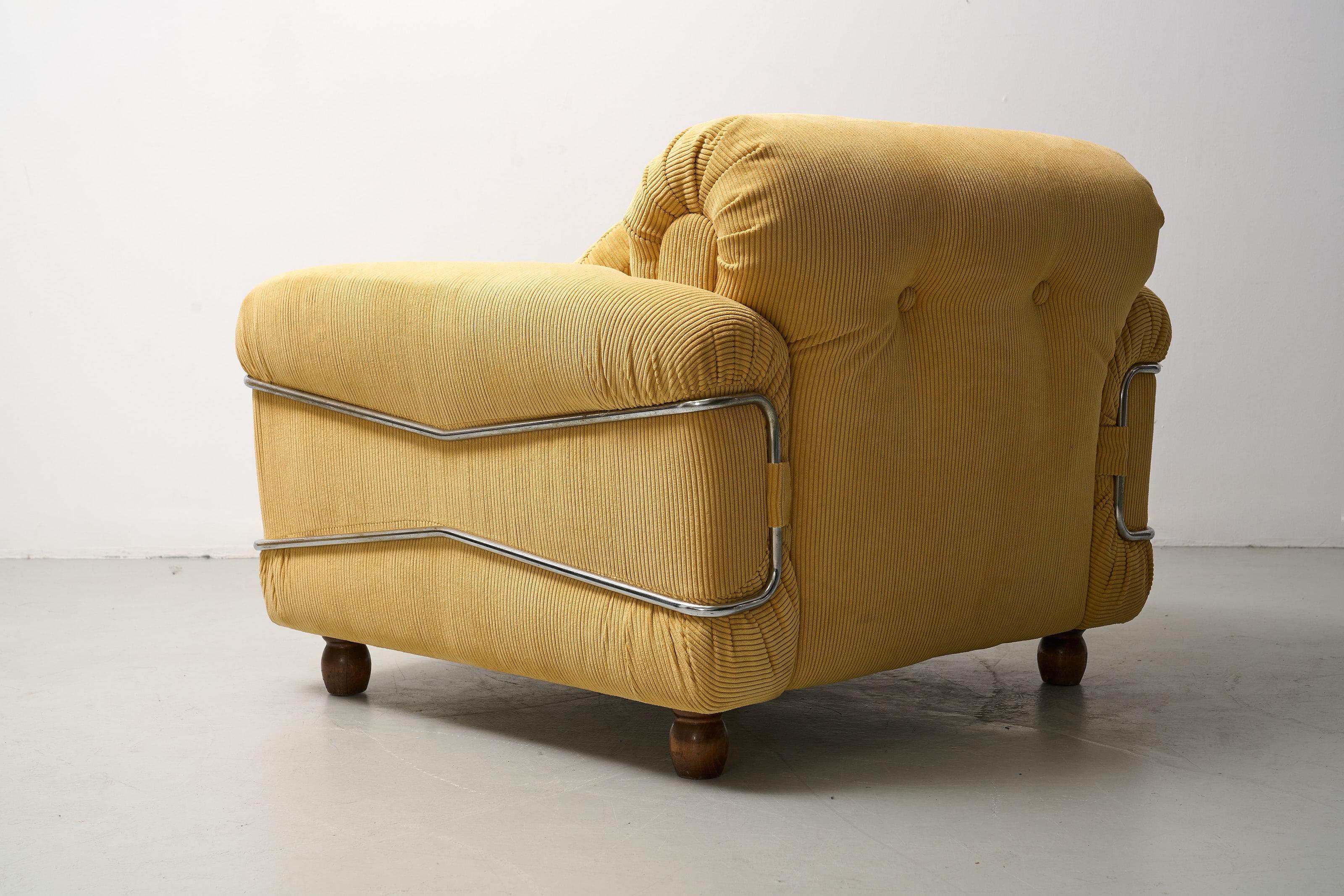 Metal Yellow corduroy easychairs by Ceriotti For Sale