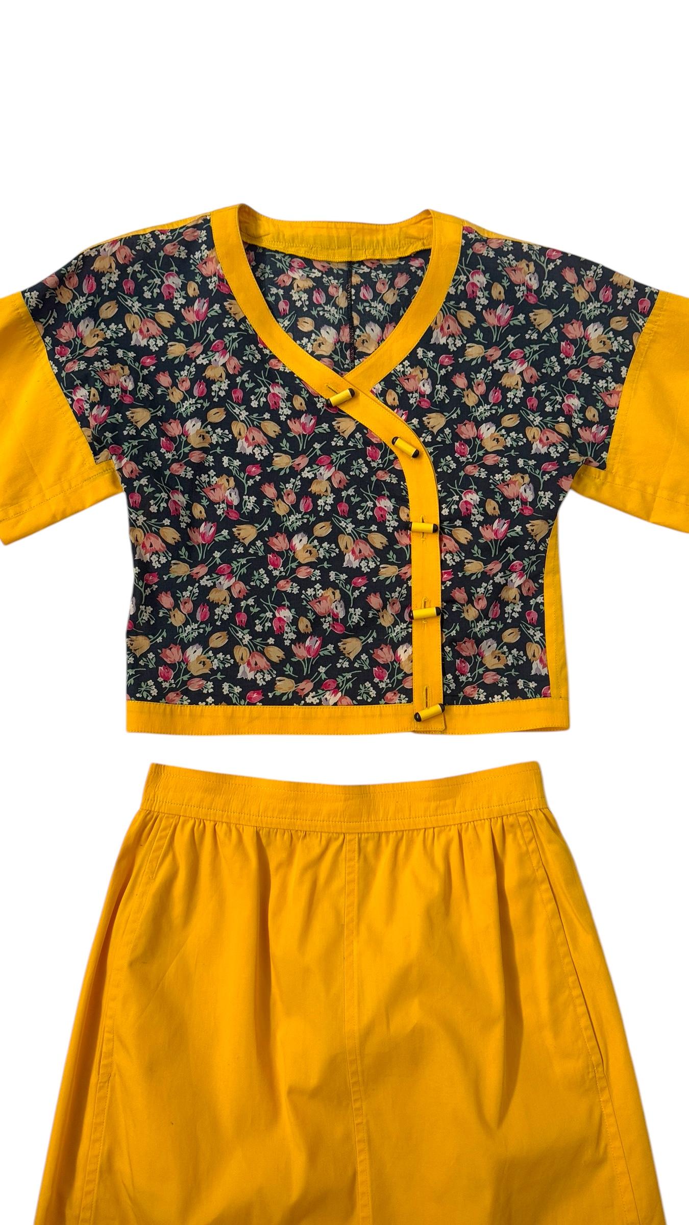 Women's or Men's Yellow Cotton and Floral Cropped Blouse and Skirt Set For Sale