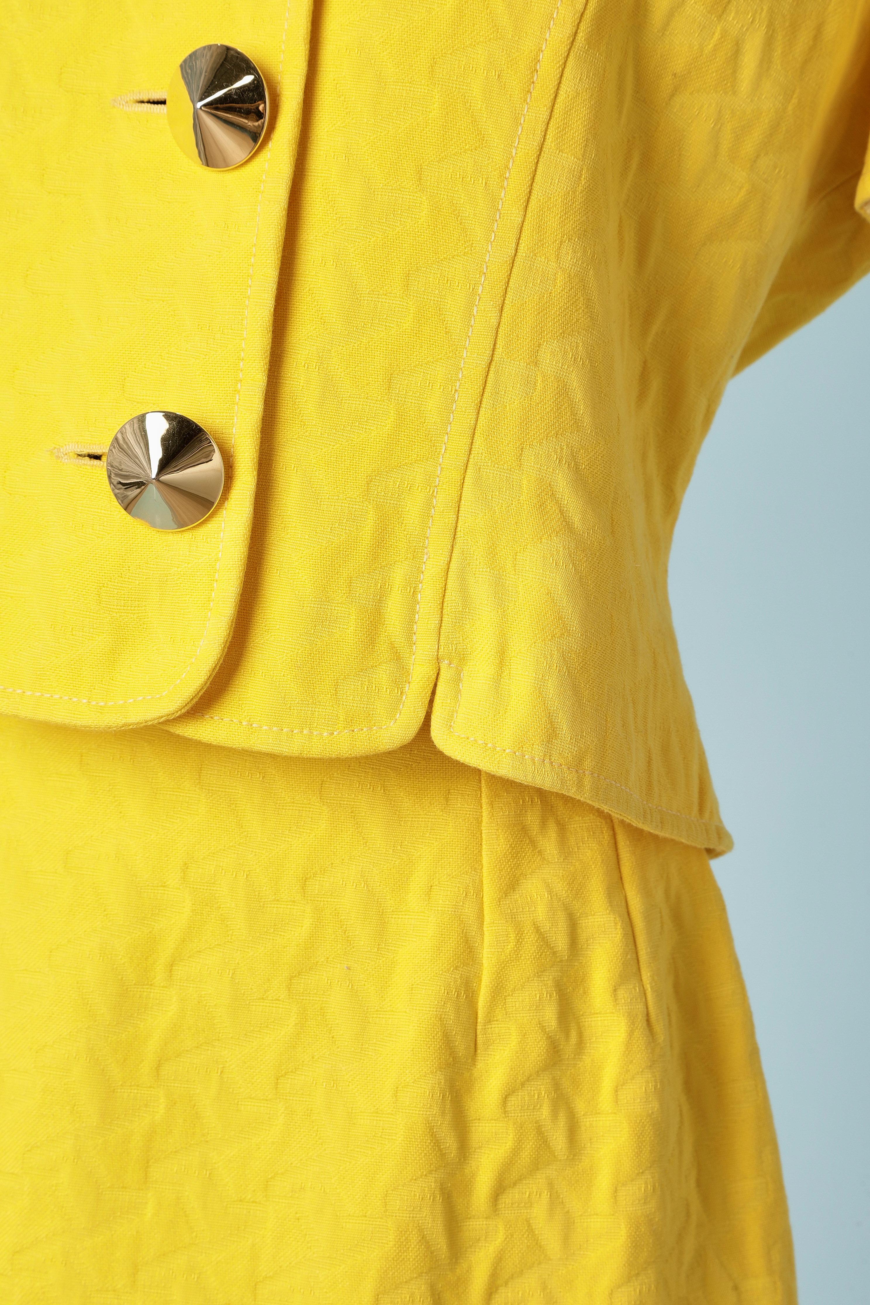 Yellow cotton jacquard skirt-suit with gold metal buttons Jacques Heim  In Excellent Condition For Sale In Saint-Ouen-Sur-Seine, FR