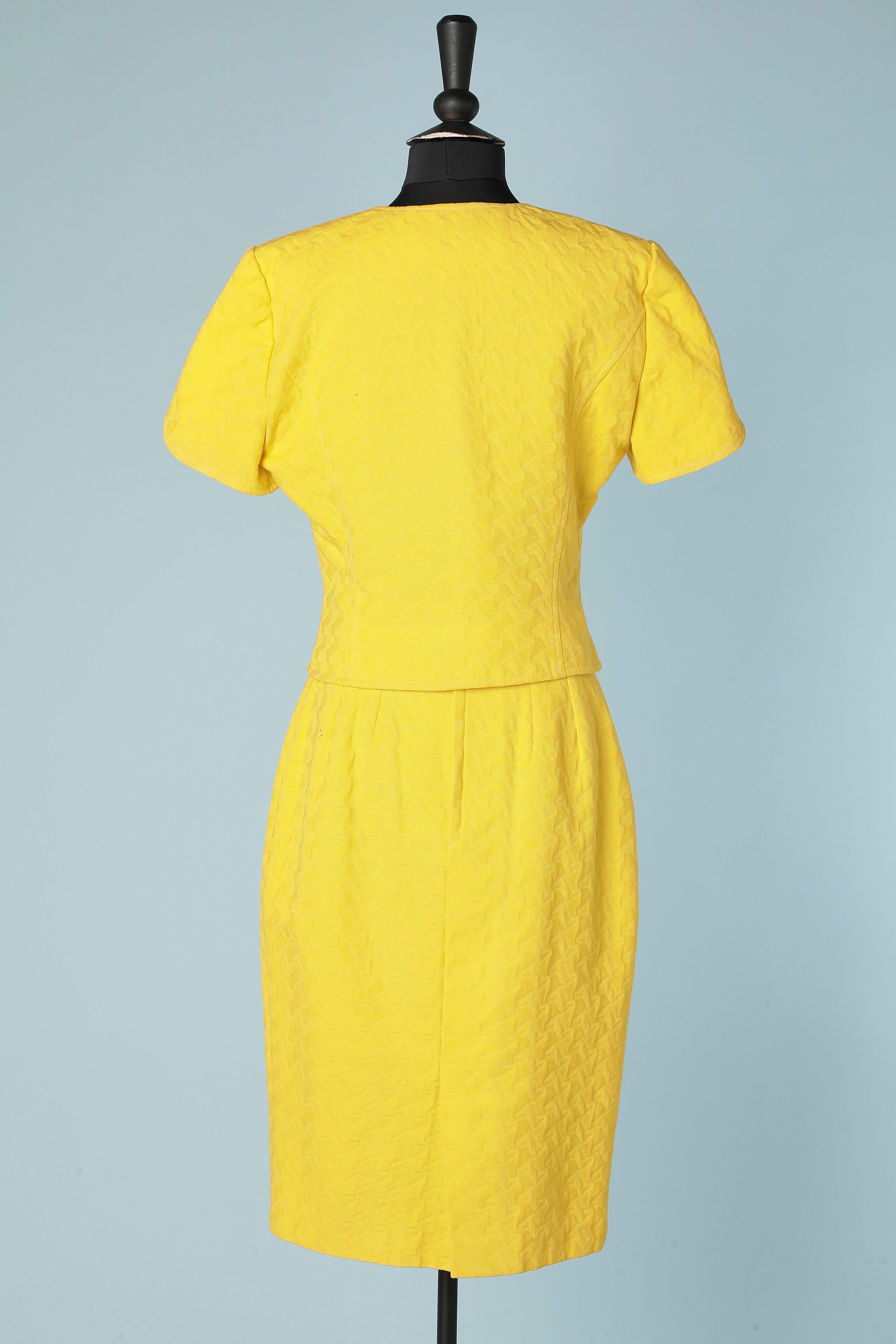 Yellow cotton jacquard skirt-suit with gold metal buttons Jacques Heim  For Sale 3