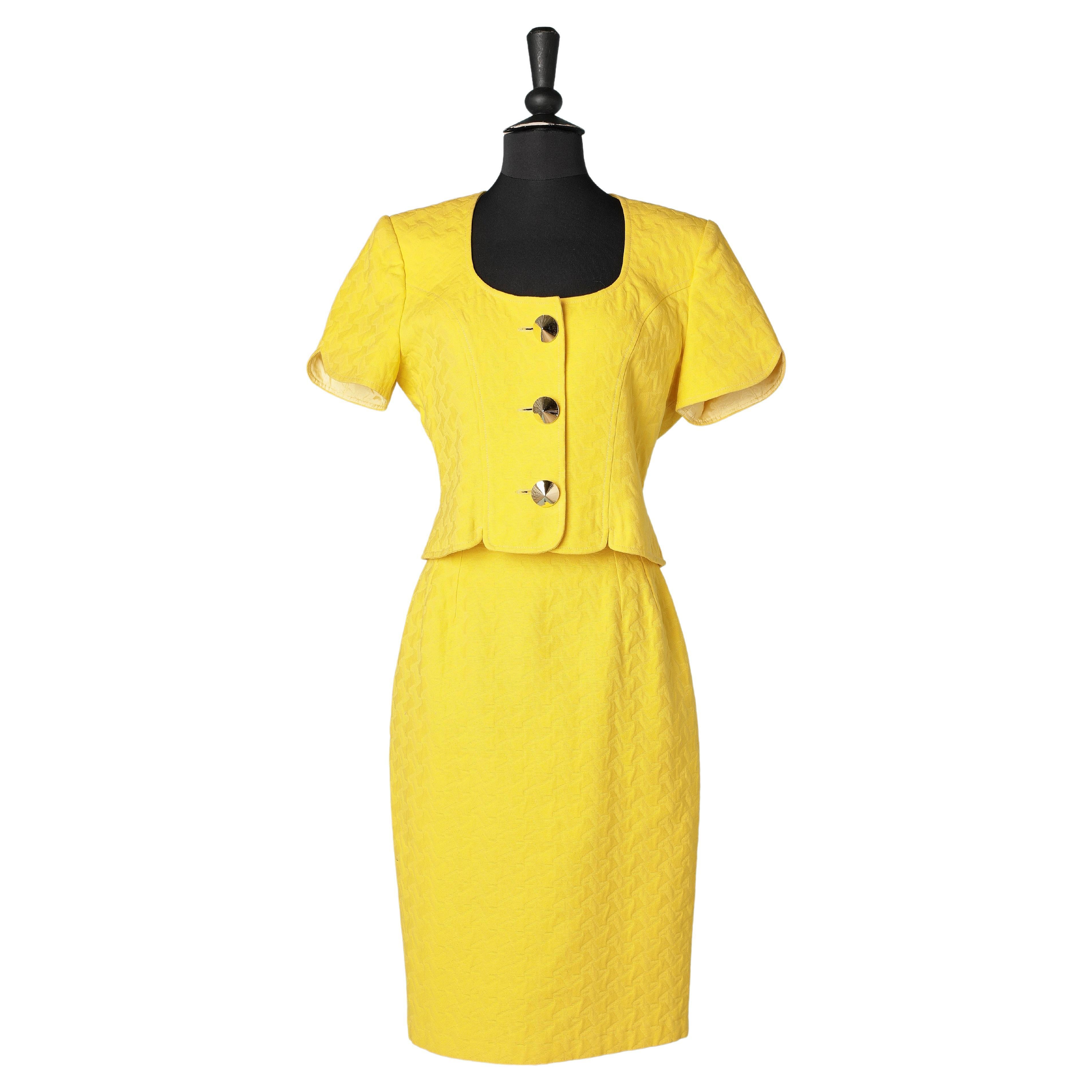 Yellow cotton jacquard skirt-suit with gold metal buttons Jacques Heim  For Sale