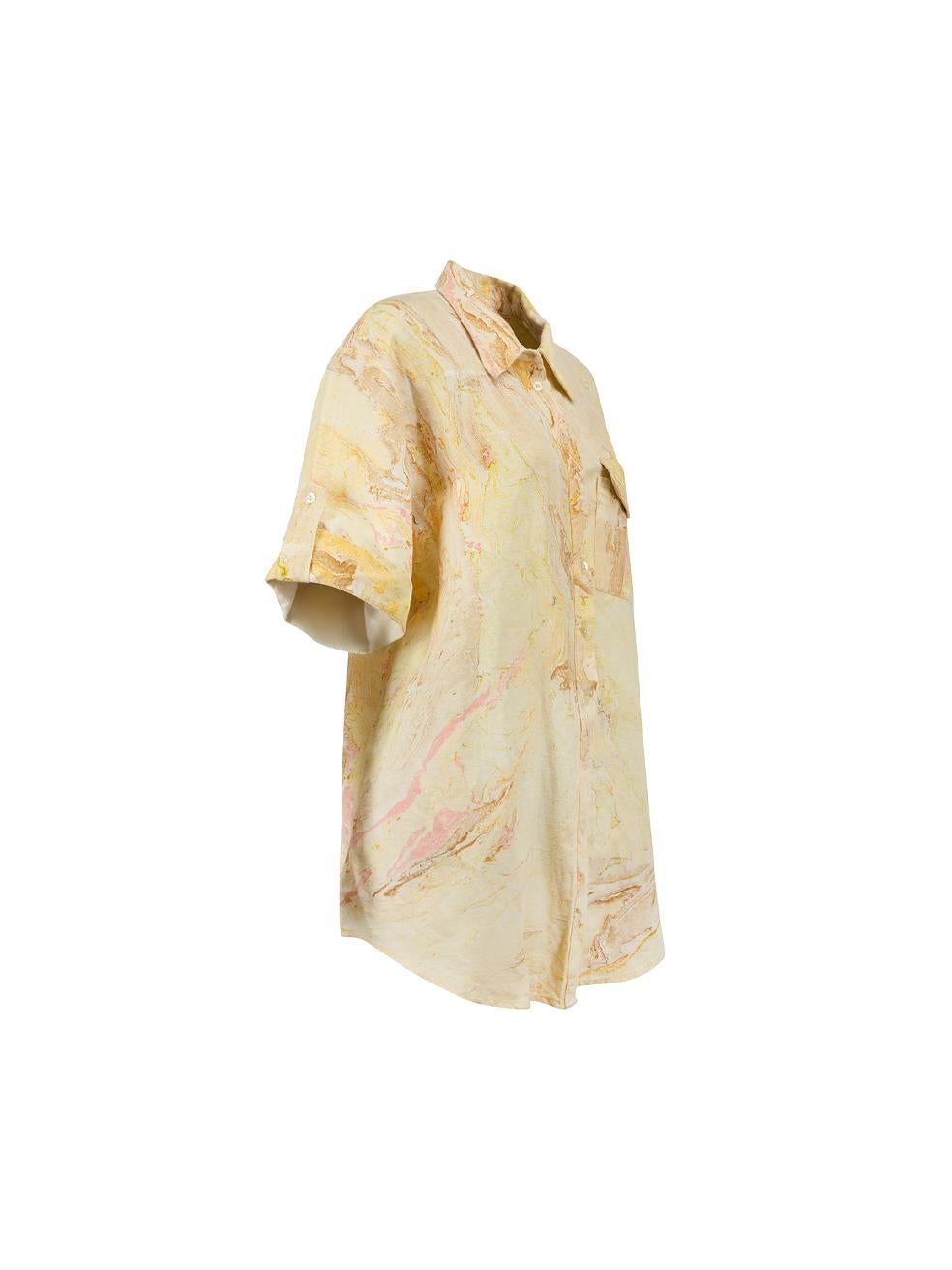 CONDITION is Very good. Hardly any visible wear to top is evident on this used Alemais designer resale item.




Details


Yellow

Cotton

Short sleeved shirt

Multicoloured marble print

Oversized fit

Button up fastening

1x Strap and button on