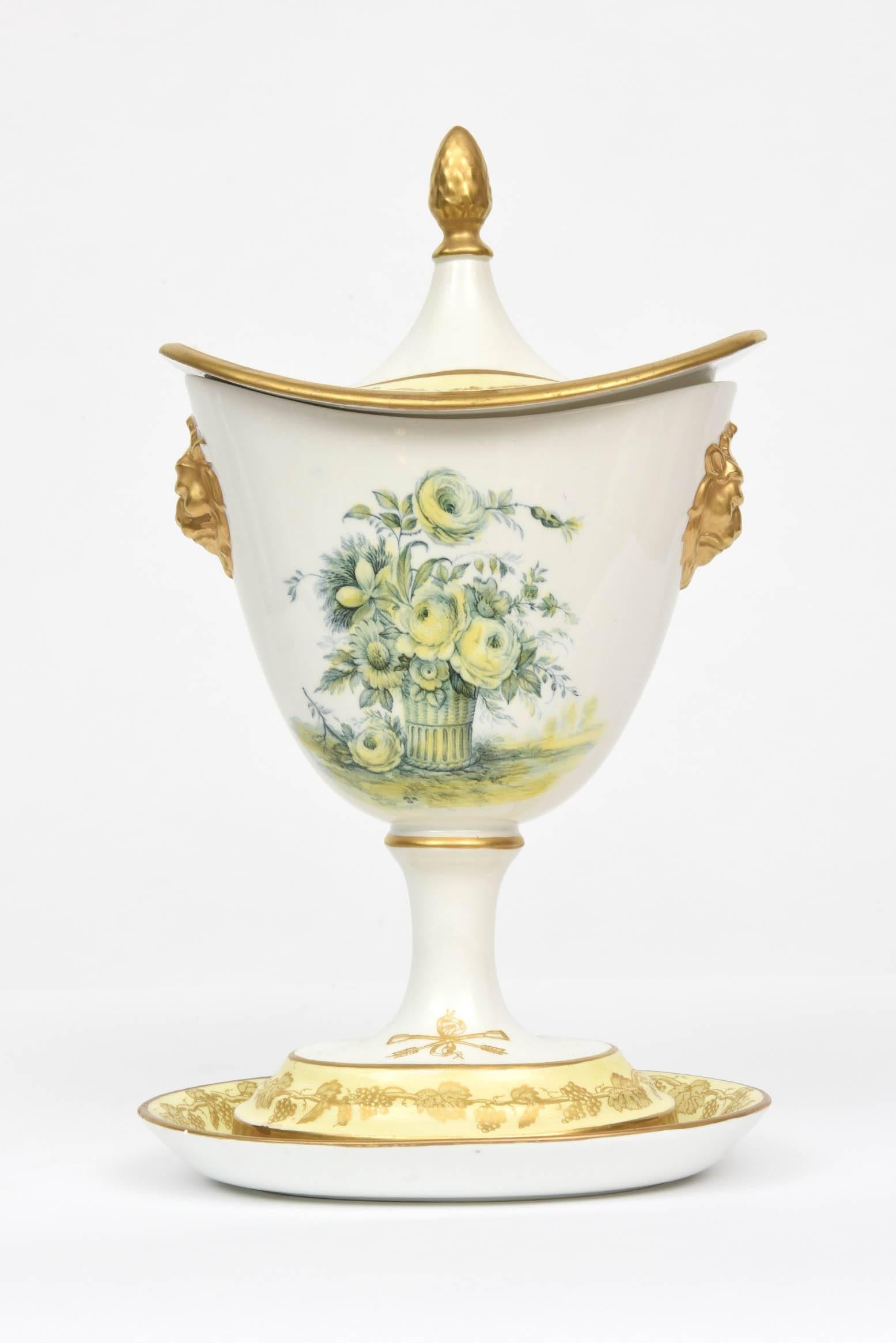 Portuguese Yellow Covered Vase and Stand, Vintage Mottahedeh, Rose Floral Motif