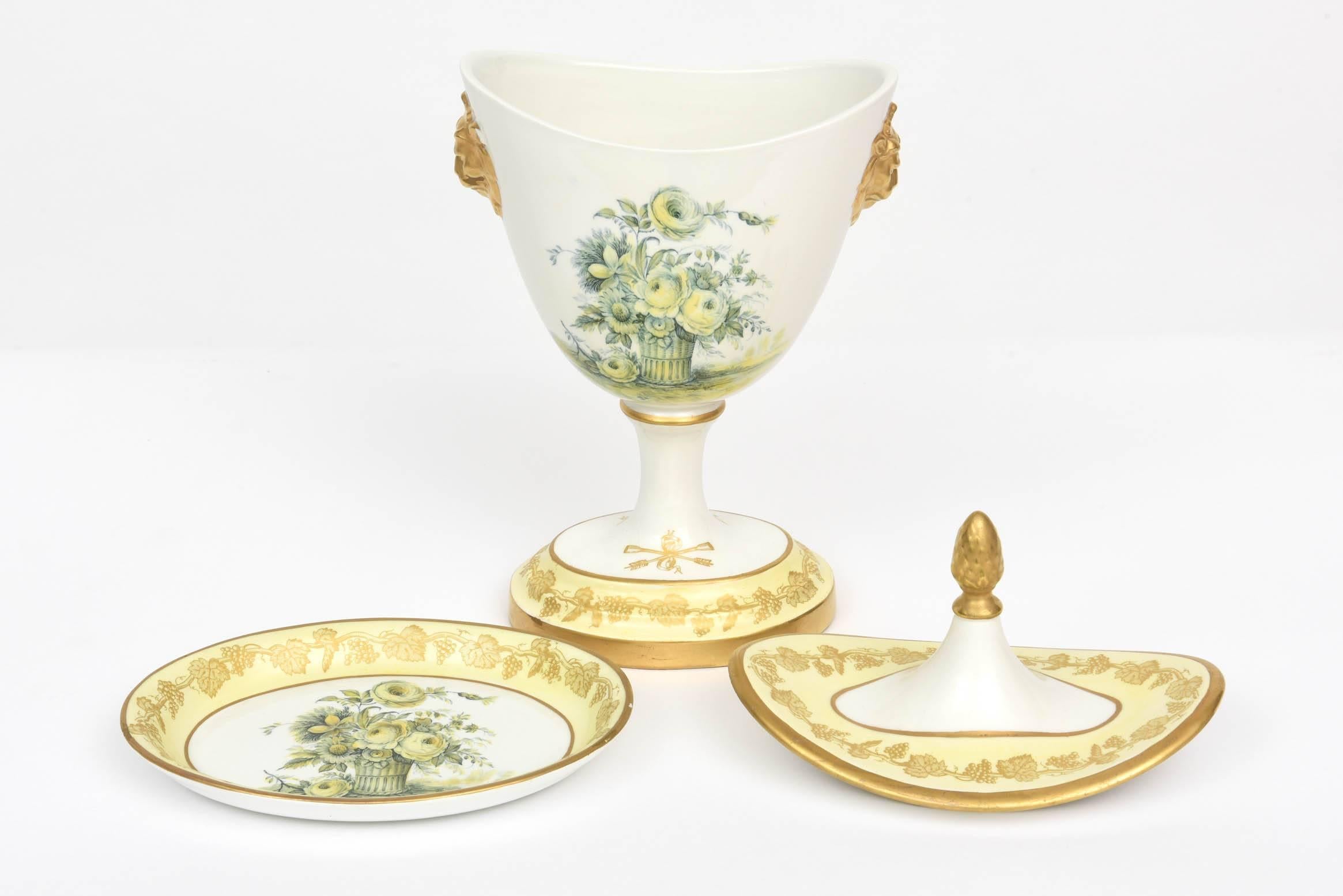 Porcelain Yellow Covered Vase and Stand, Vintage Mottahedeh, Rose Floral Motif