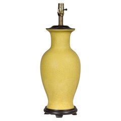 Yellow Crackle Glazed Ceramic Vase Made into Table Lamp on Wooden Base, US Wired