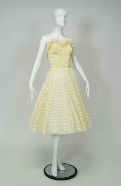Yellow Crochet 2-Piece Sun Suit w Strapless Bustier and Circle Skirt - M, 1950s