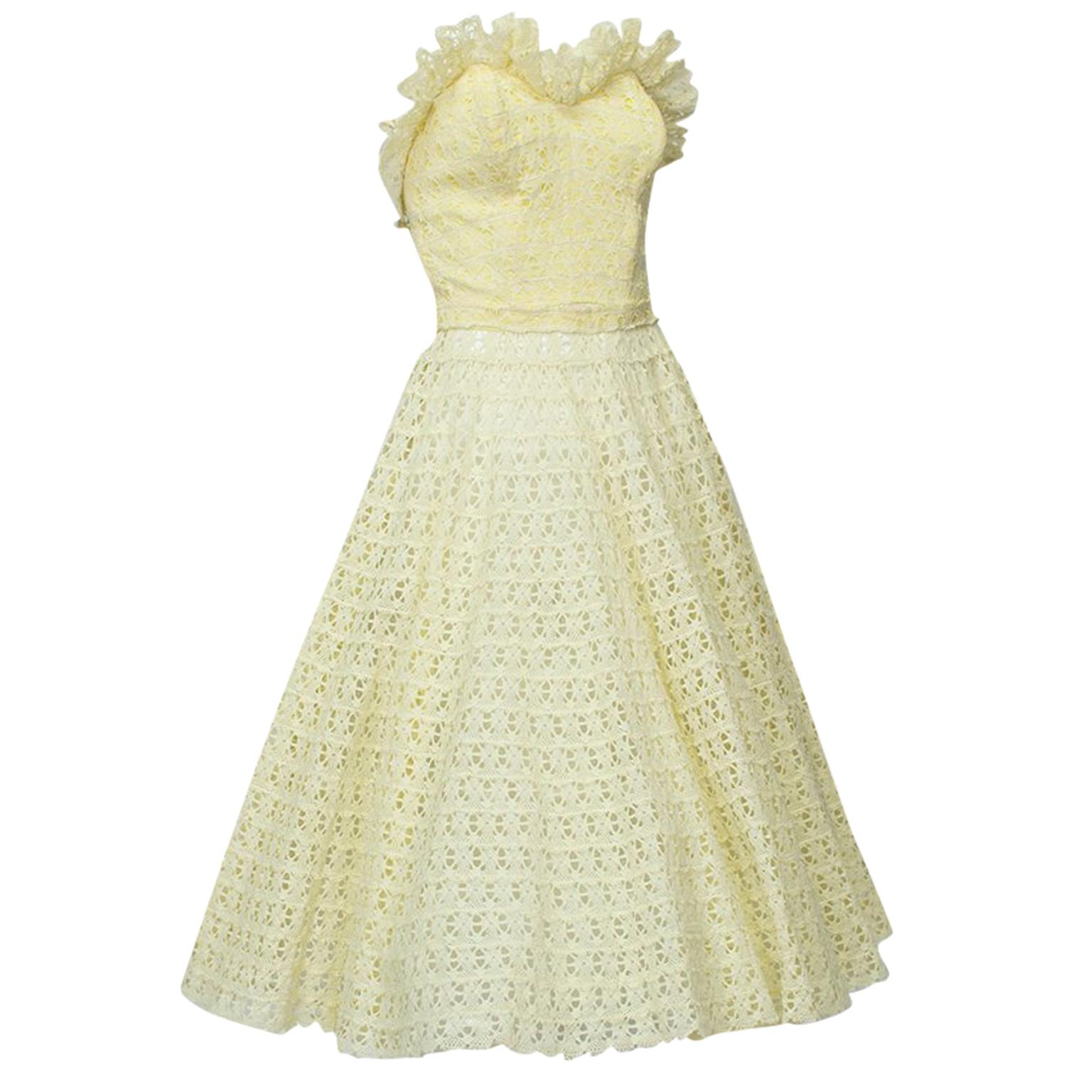 Yellow Crochet Sun Suit with Strapless Bustier and Circle Skirt - Med, 1950s
