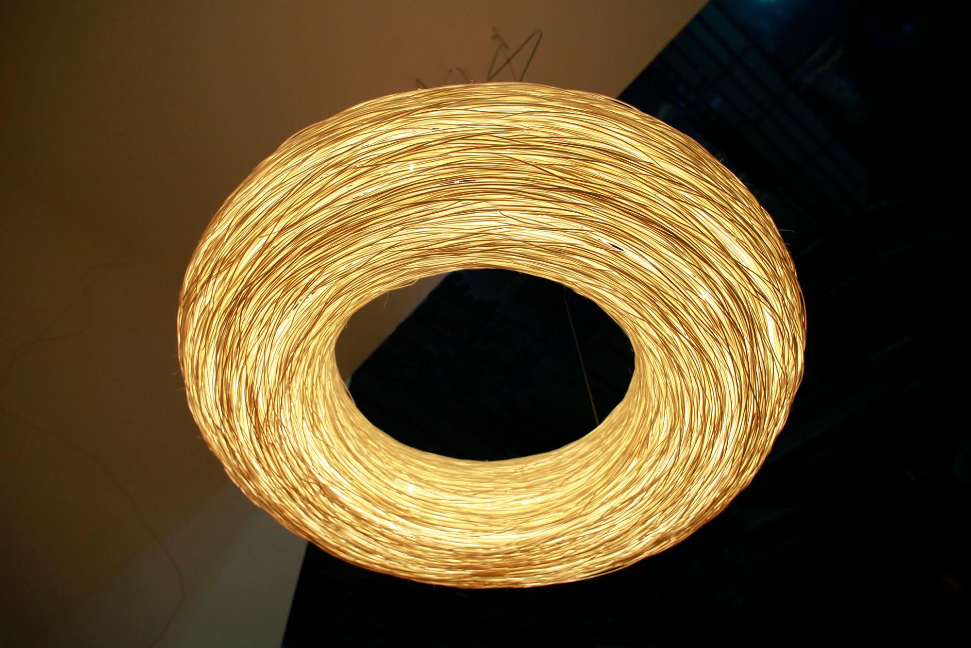 Organic Modern Yellow Crown by Ango, Hand-woven pendant light in a timeless circular form For Sale