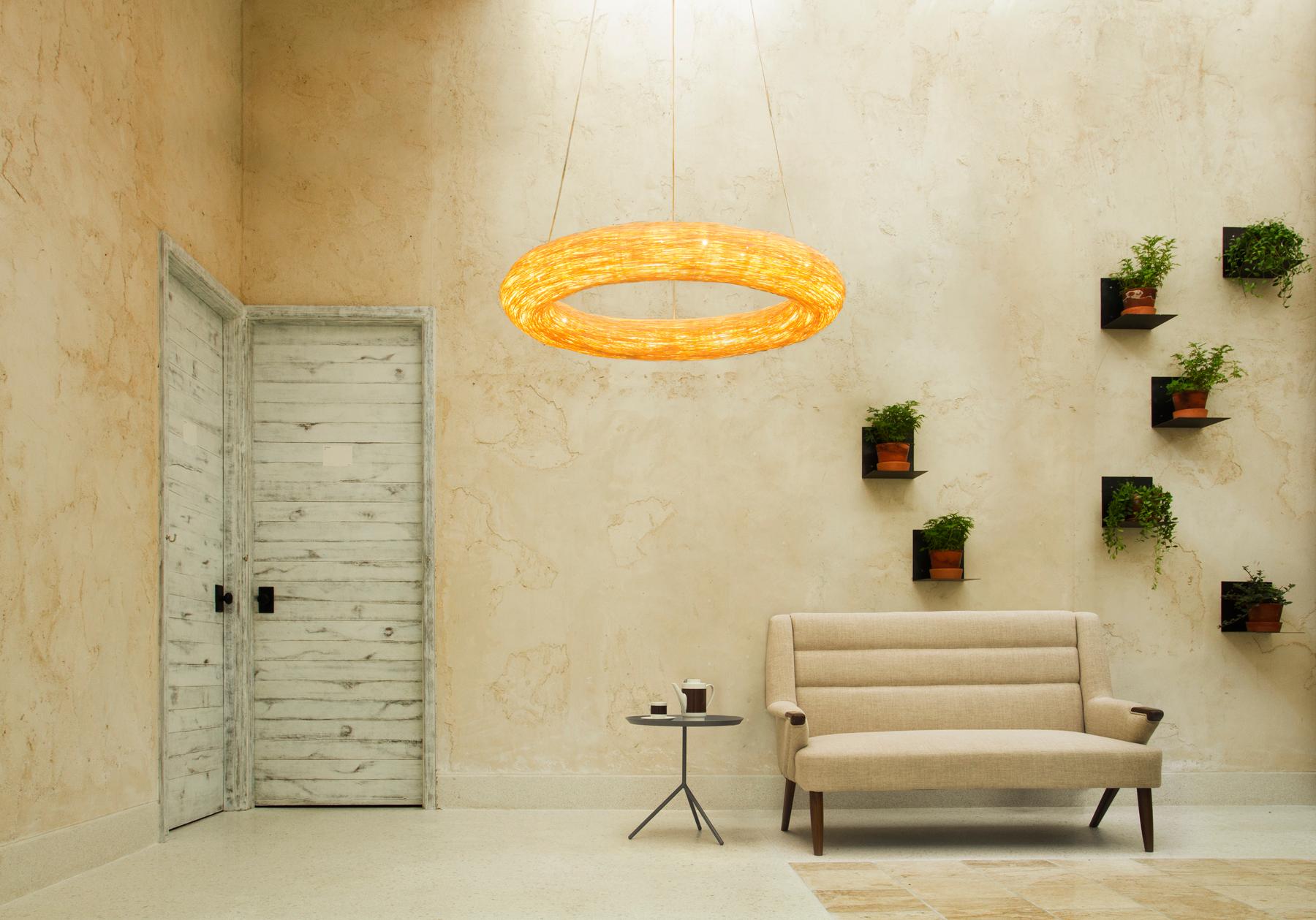 Thai Yellow Crown 1100 by Ango, Hand-Woven Pendant Light in a Timeless Circular Form For Sale