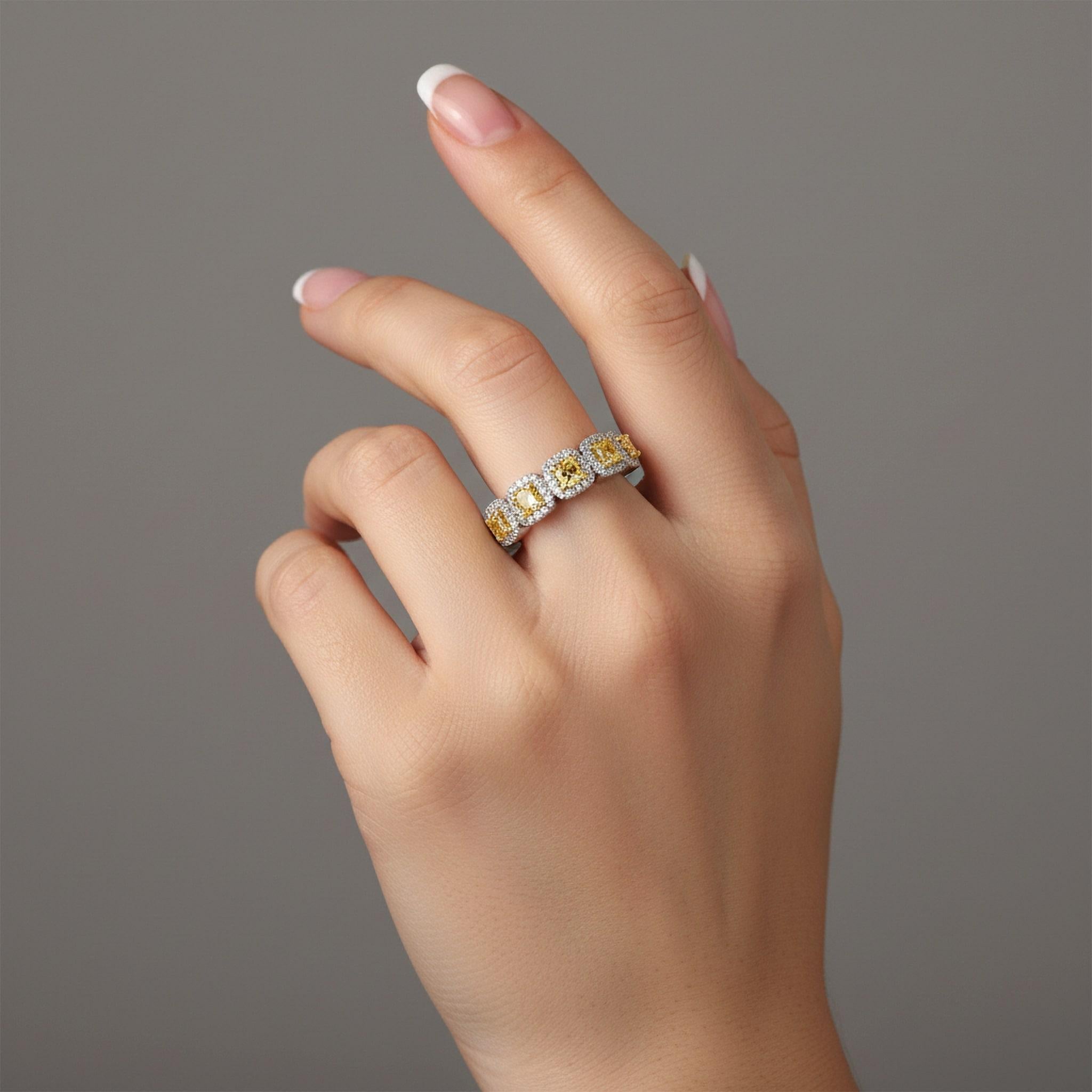 Yellow Cushion Cut Sapphires 14K (or 18k upon request) White Gold Halo Ring For Sale