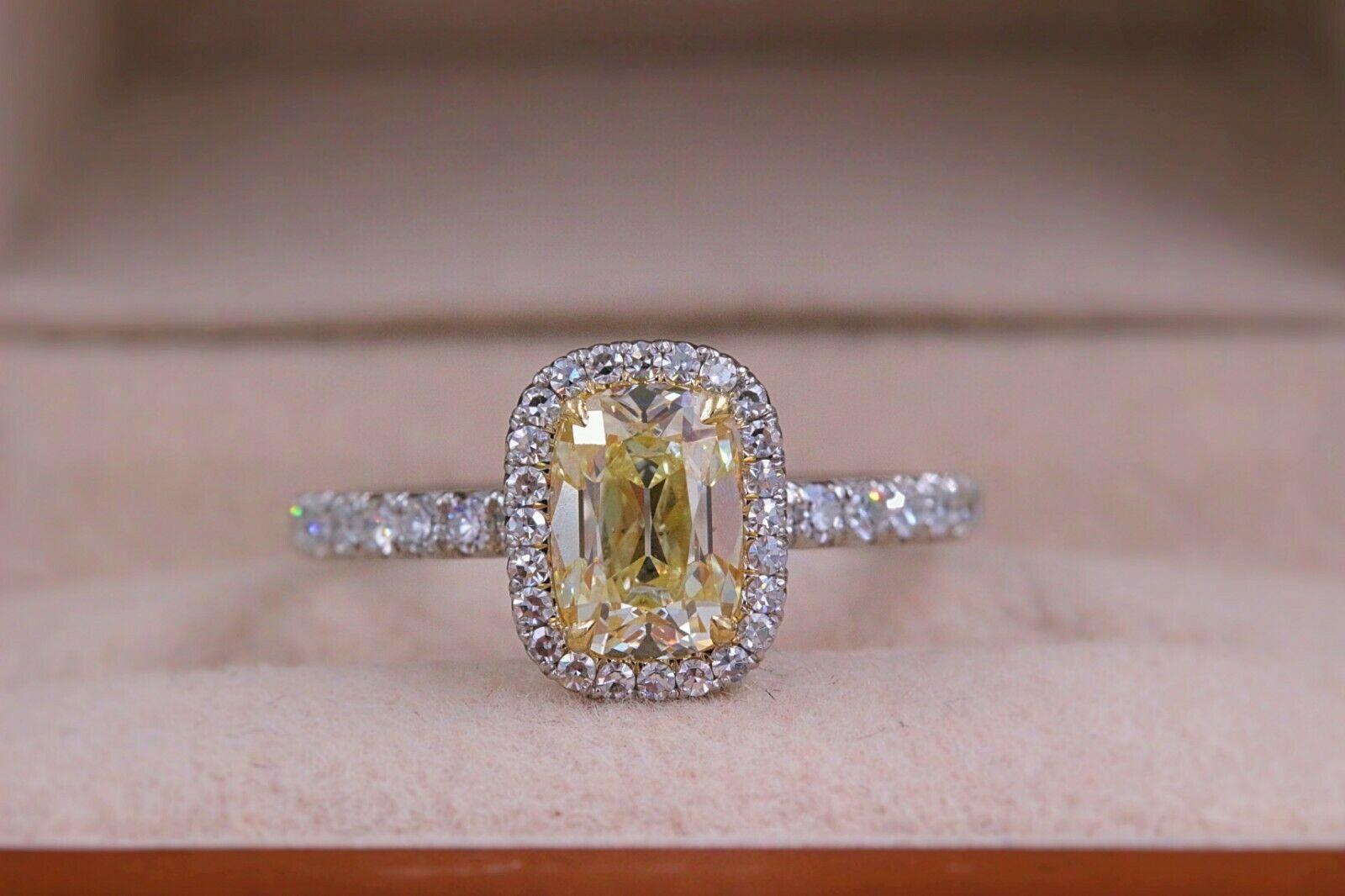 Yellow Cushion Platinum Diamond Engagement Ring 1.54 tcw Halo 18k Yellow Gold In Excellent Condition In San Diego, CA
