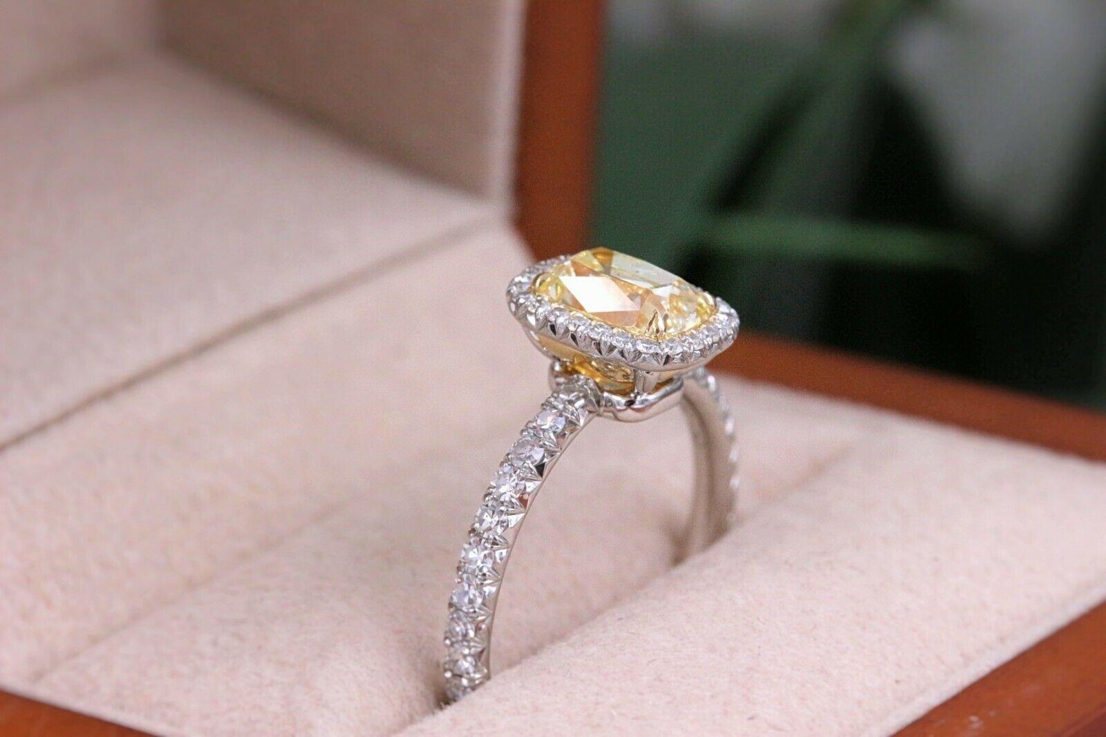 Women's Yellow Cushion Platinum Diamond Engagement Ring 1.54 tcw Halo 18k Yellow Gold