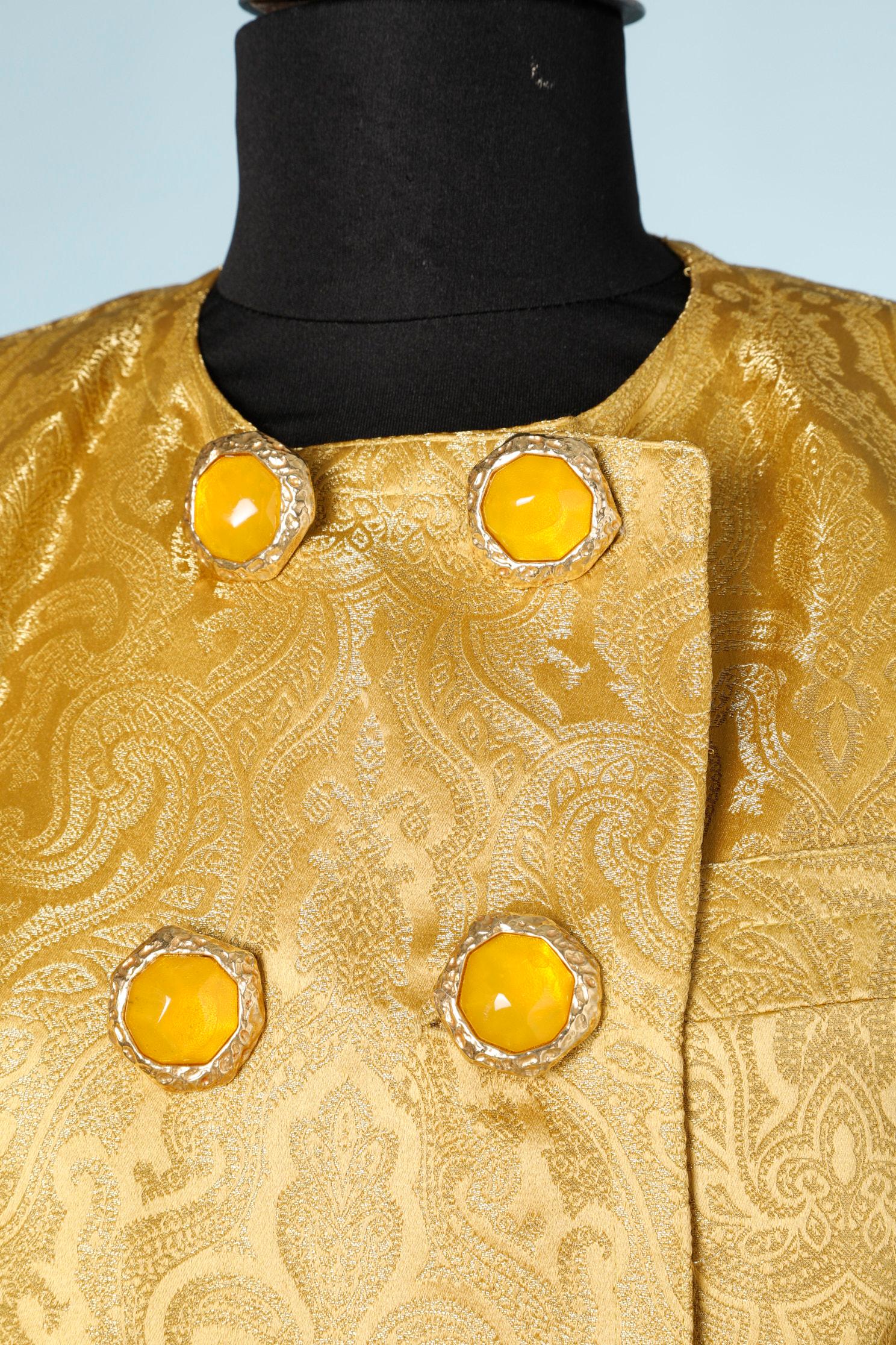 Yellow damasked double breasted skirt suit with Jewlery buttons and silk lining 