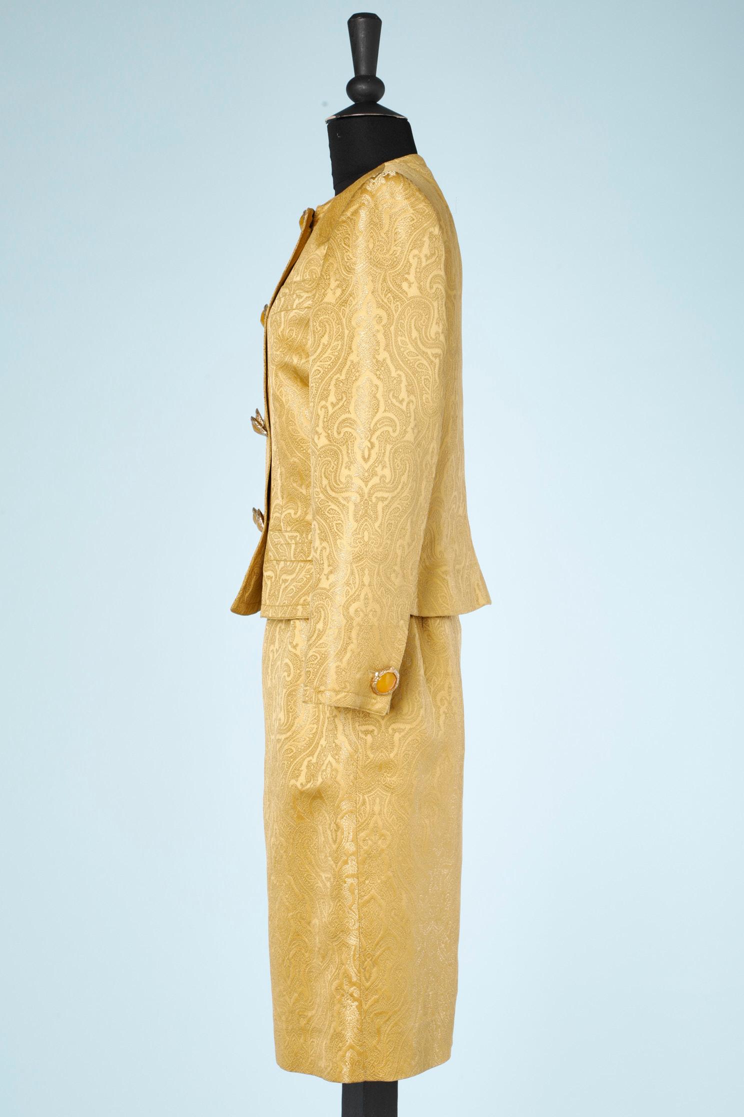 Yellow damasked skirt- suit with jewlery buttons Jean-Louis Scherrer  For Sale 1