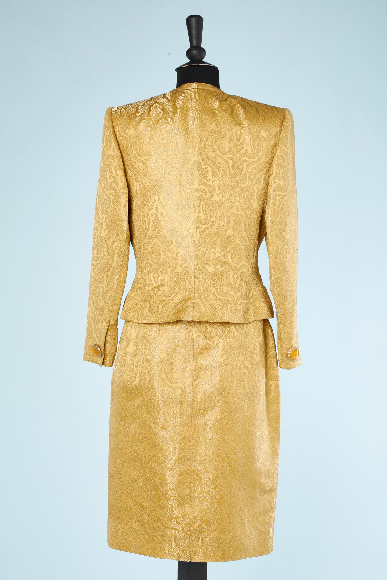 Yellow damasked skirt- suit with jewlery buttons Jean-Louis Scherrer  For Sale 2