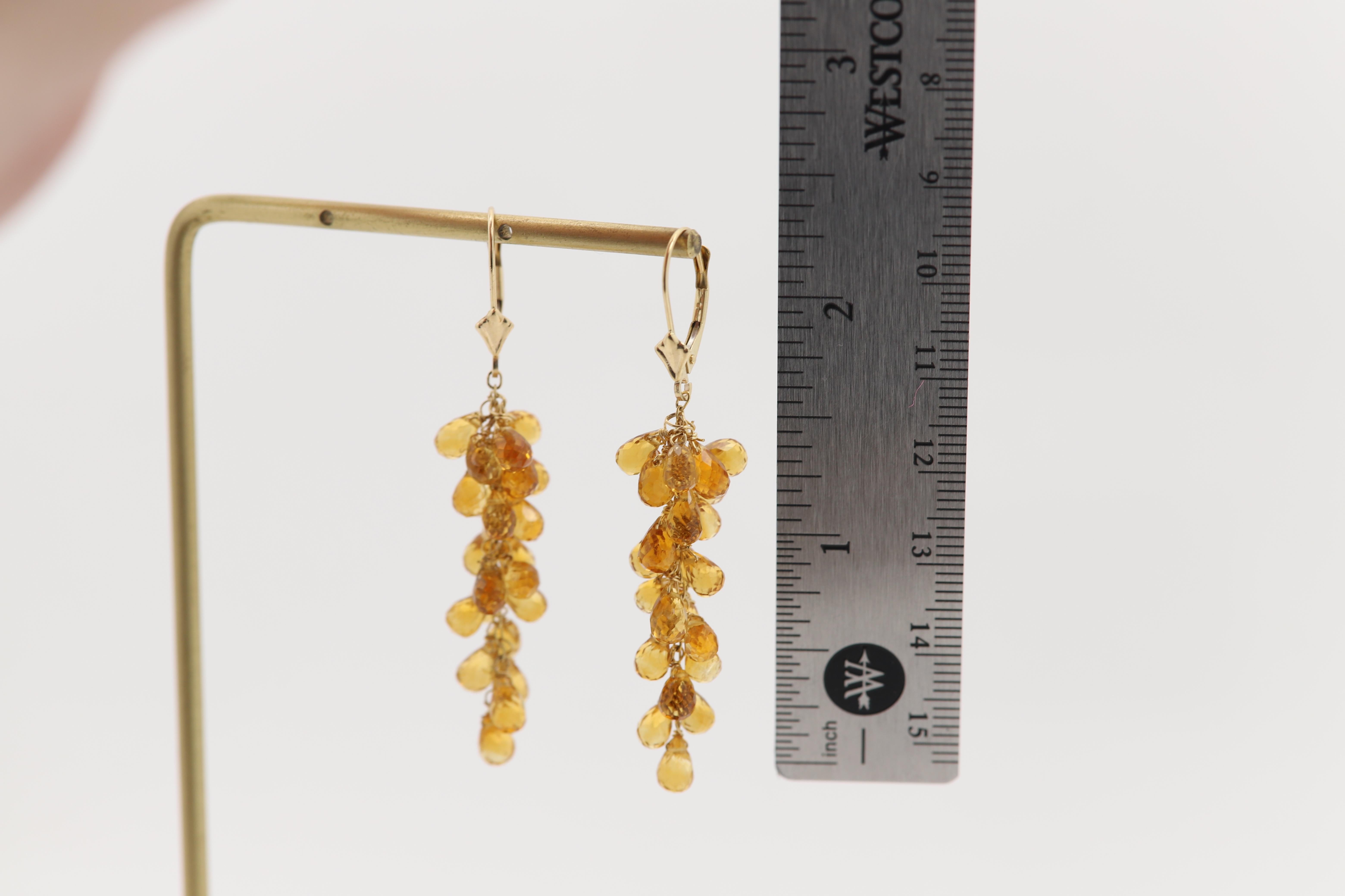 Taille briolette Boucles d'oreilles pendantes Citrine Naturelle Briolette Or jaune 14 carats en vente