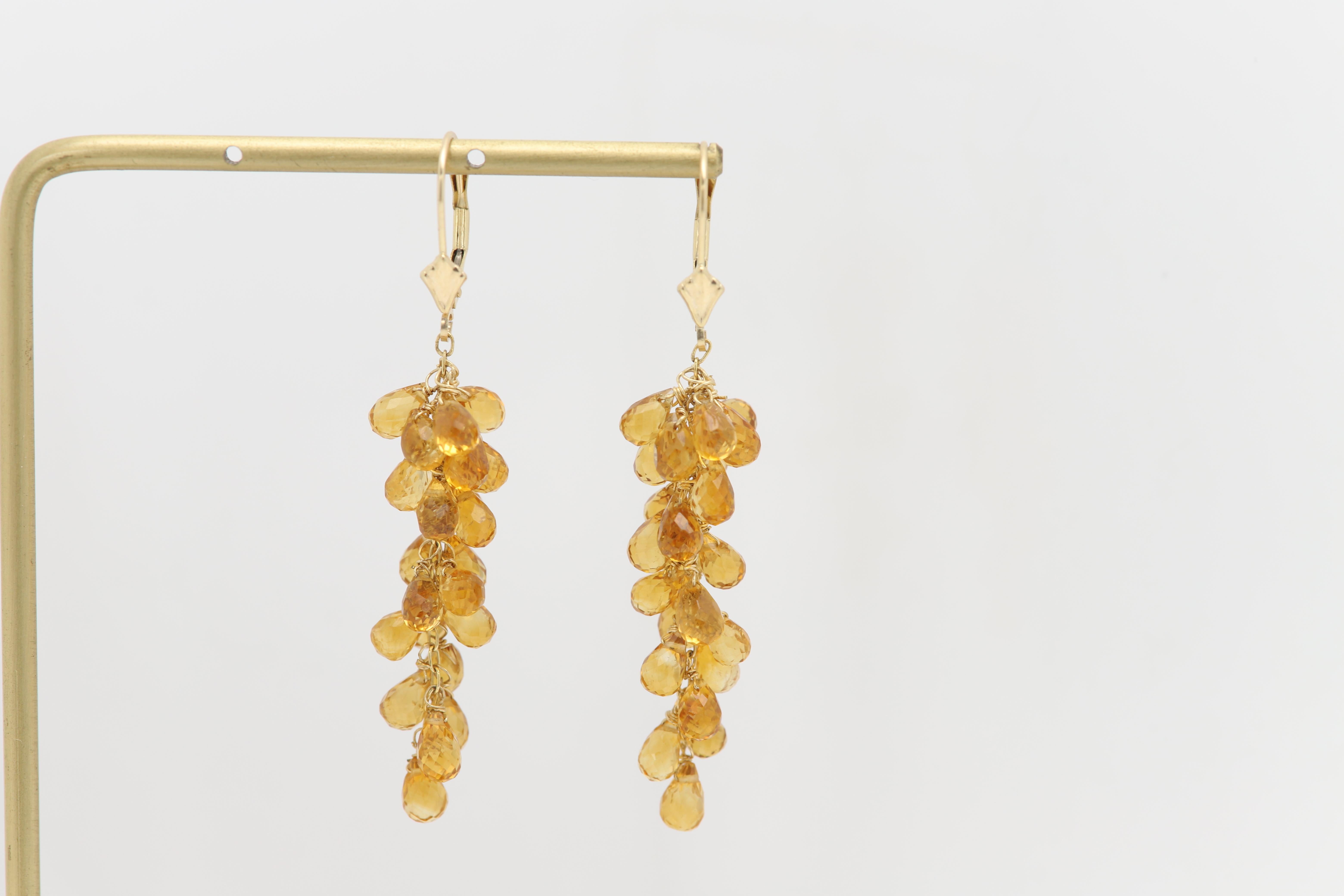 Boucles d'oreilles pendantes Citrine Naturelle Briolette Or jaune 14 carats Neuf - En vente à Brooklyn, NY