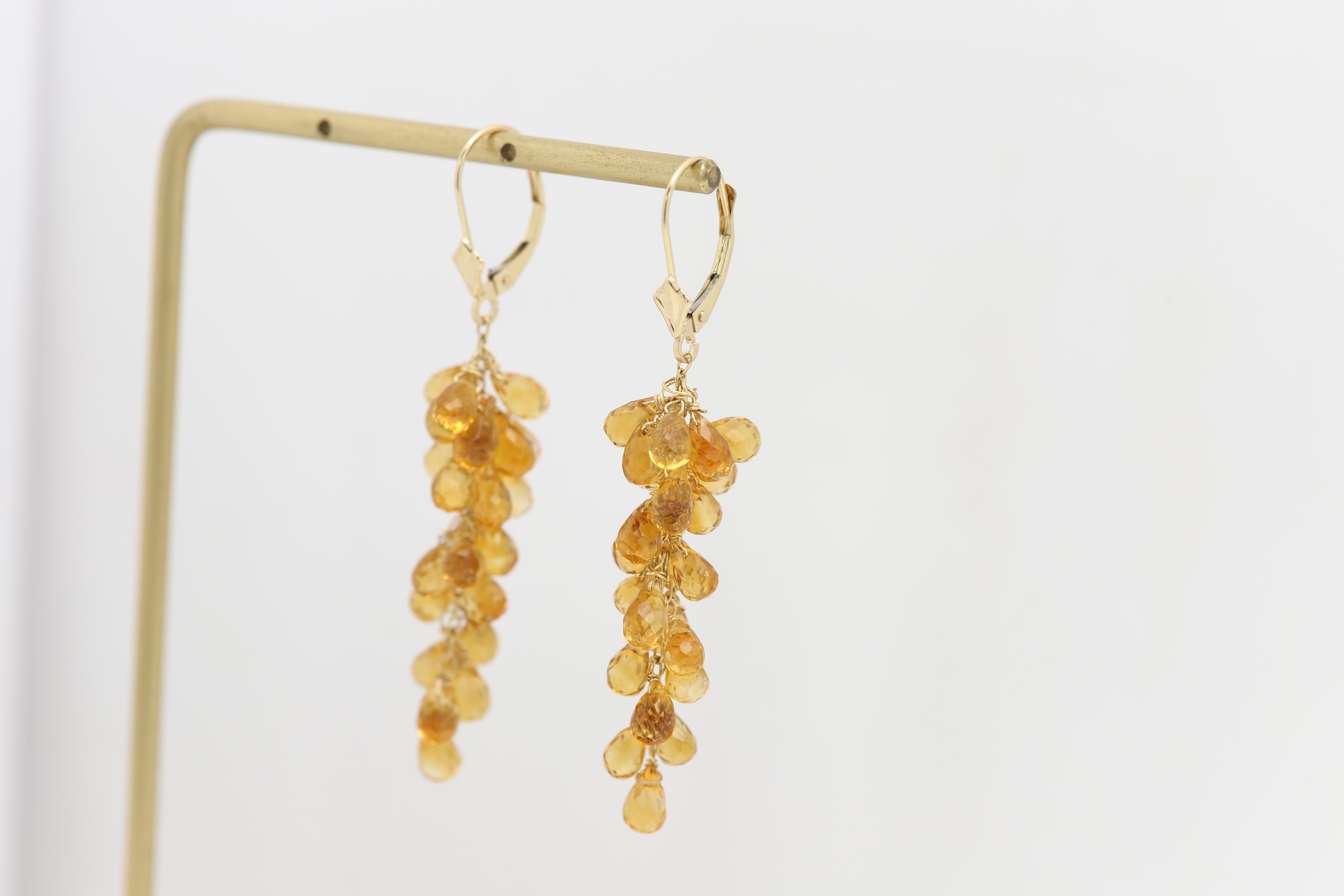 Boucles d'oreilles pendantes Citrine Naturelle Briolette Or jaune 14 carats Pour femmes en vente