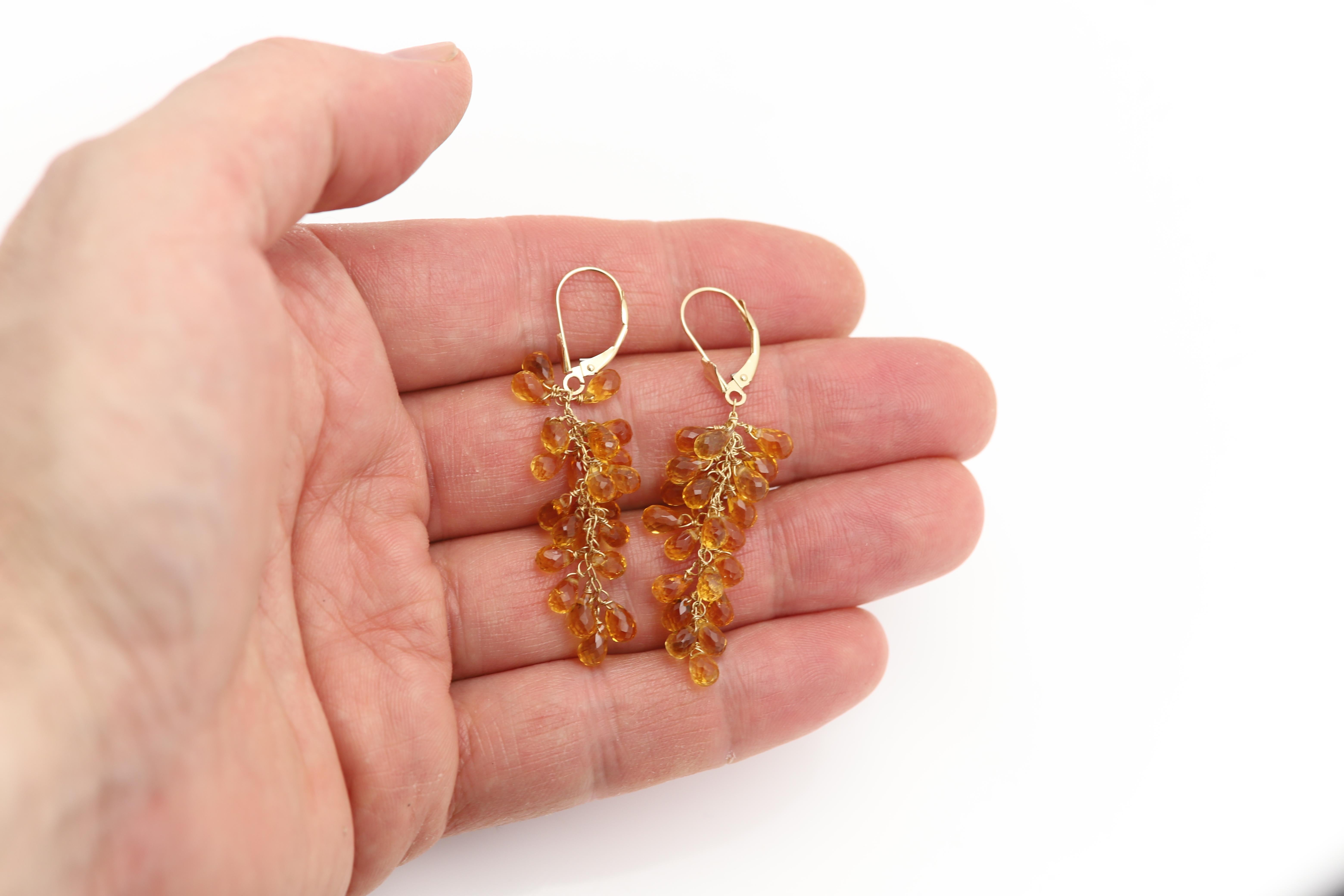 Boucles d'oreilles pendantes Citrine Naturelle Briolette Or jaune 14 carats en vente 1
