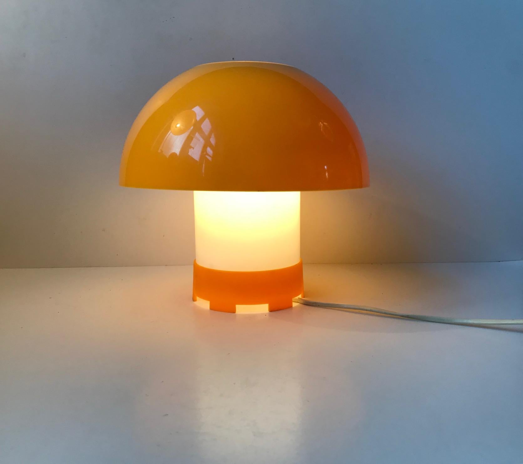 This is a dual colored hybrid table or pendant light designed by the Danish designer Bent Karlby in the late 1960s. It is made from yellow and white acrylic and was manufactured by ASK Belysning in the early 1970s. Intact, and in clean vintage