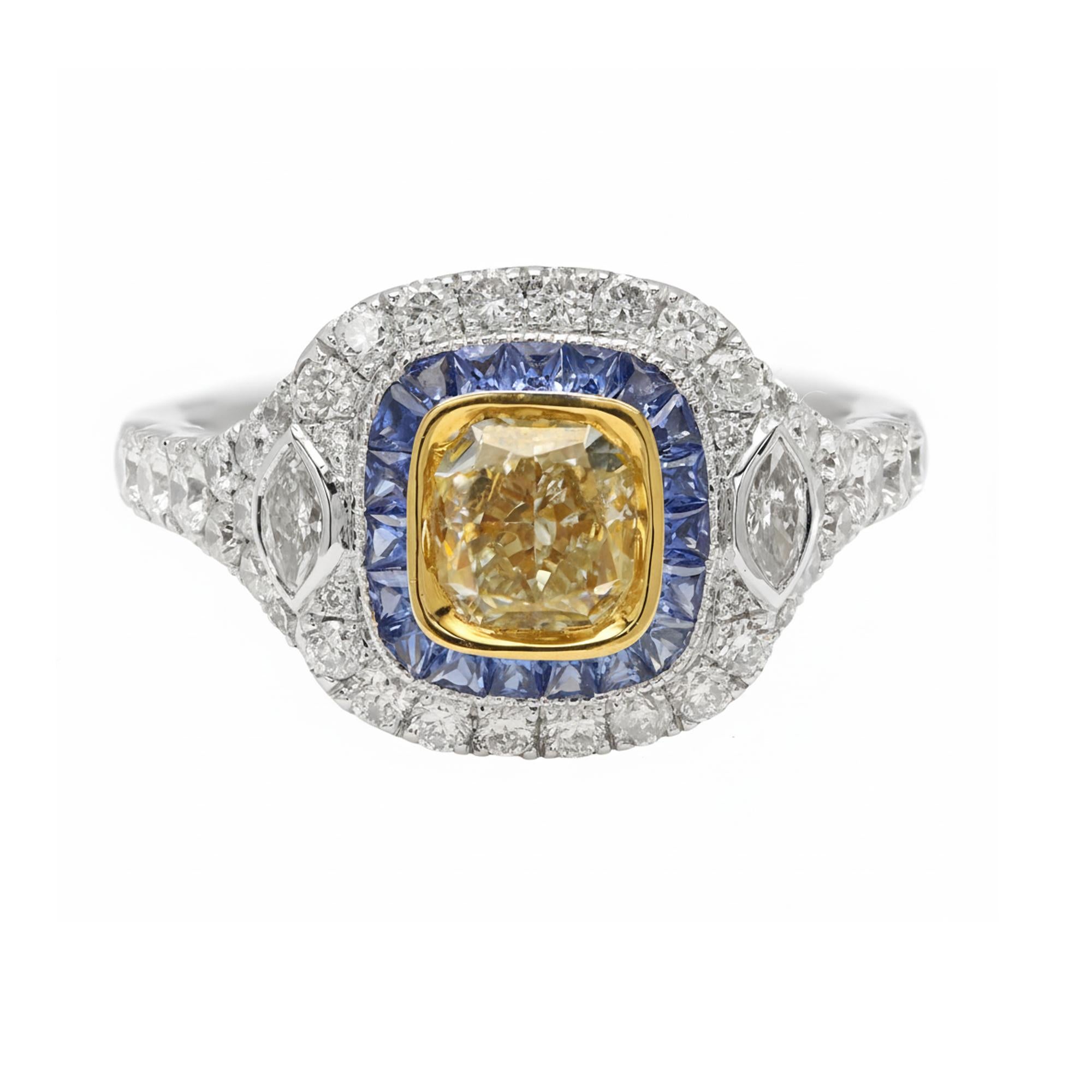 Diamant jaune 1,04 carat  & Bague saphir bleu Bague art déco en or 18 carats en vente 4