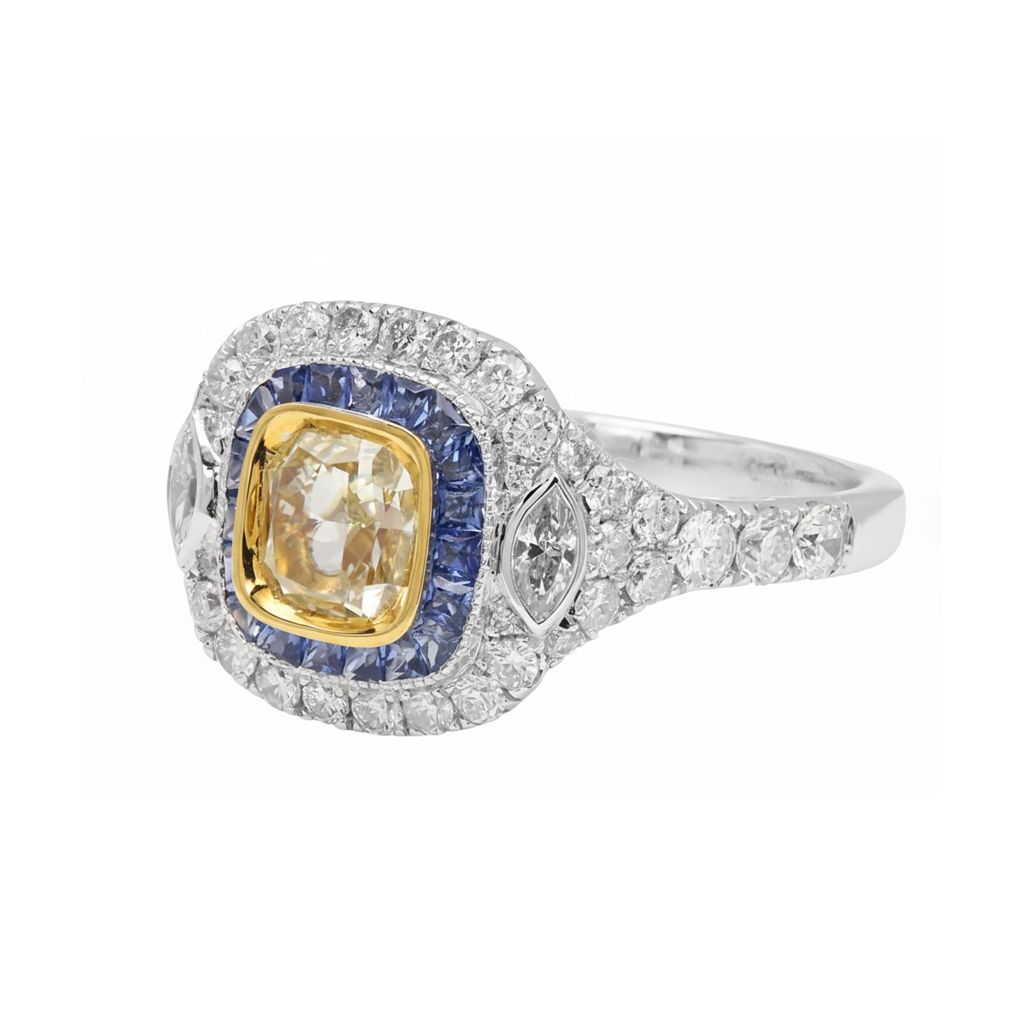 Diamant jaune 1,04 carat  & Bague saphir bleu Bague art déco en or 18 carats en vente 5