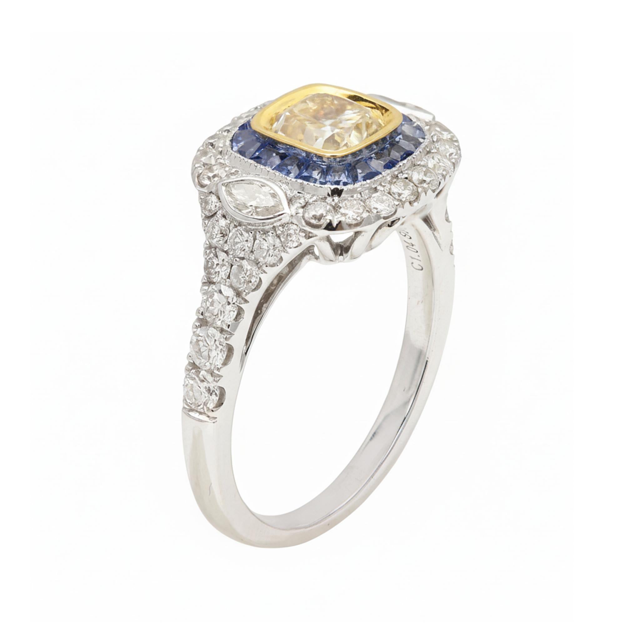 Diamant jaune 1,04 carat  & Bague saphir bleu Bague art déco en or 18 carats en vente 6