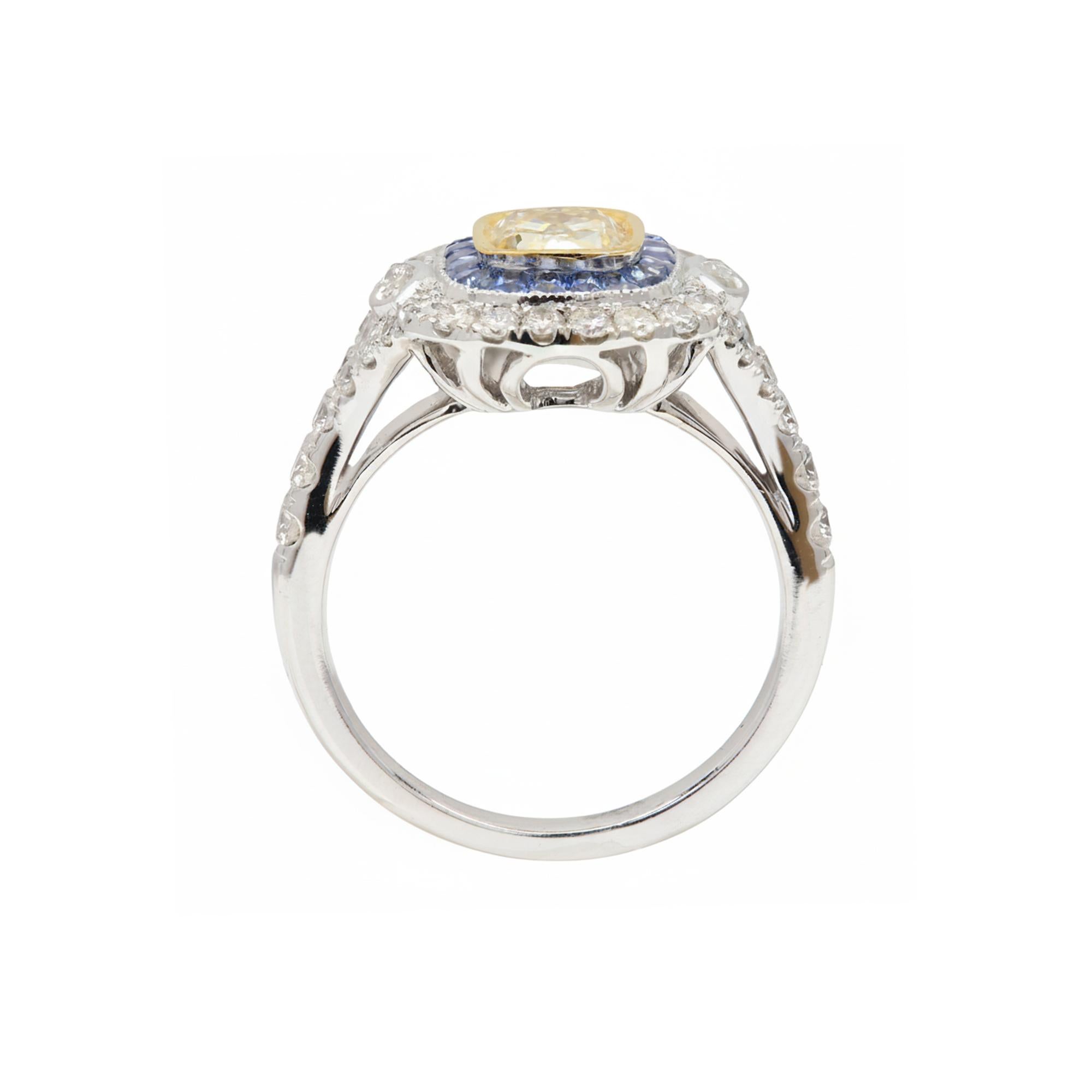 Diamant jaune 1,04 carat  & Bague saphir bleu Bague art déco en or 18 carats en vente 7