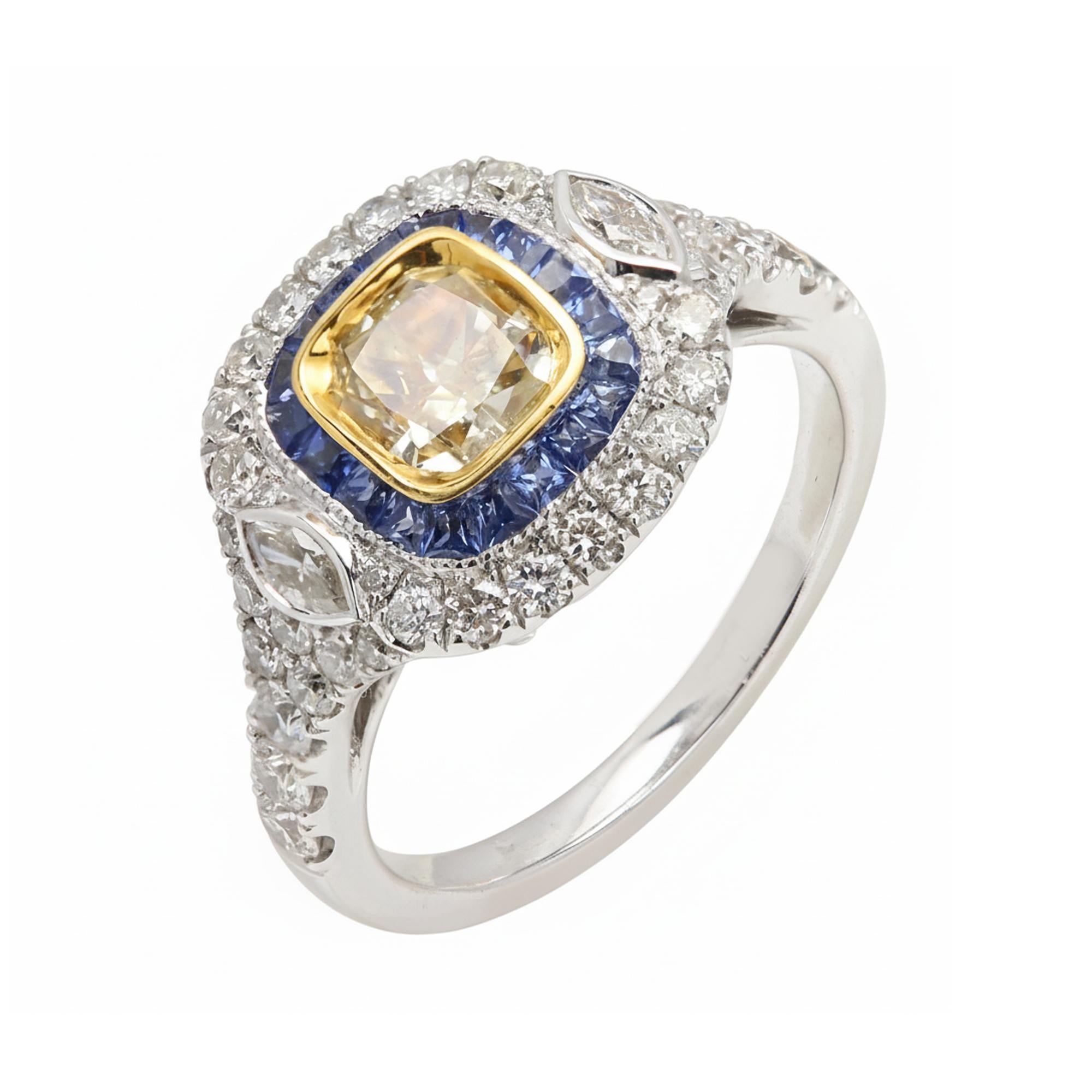 Diamant jaune 1,04 carat  & Bague saphir bleu Bague art déco en or 18 carats en vente 8