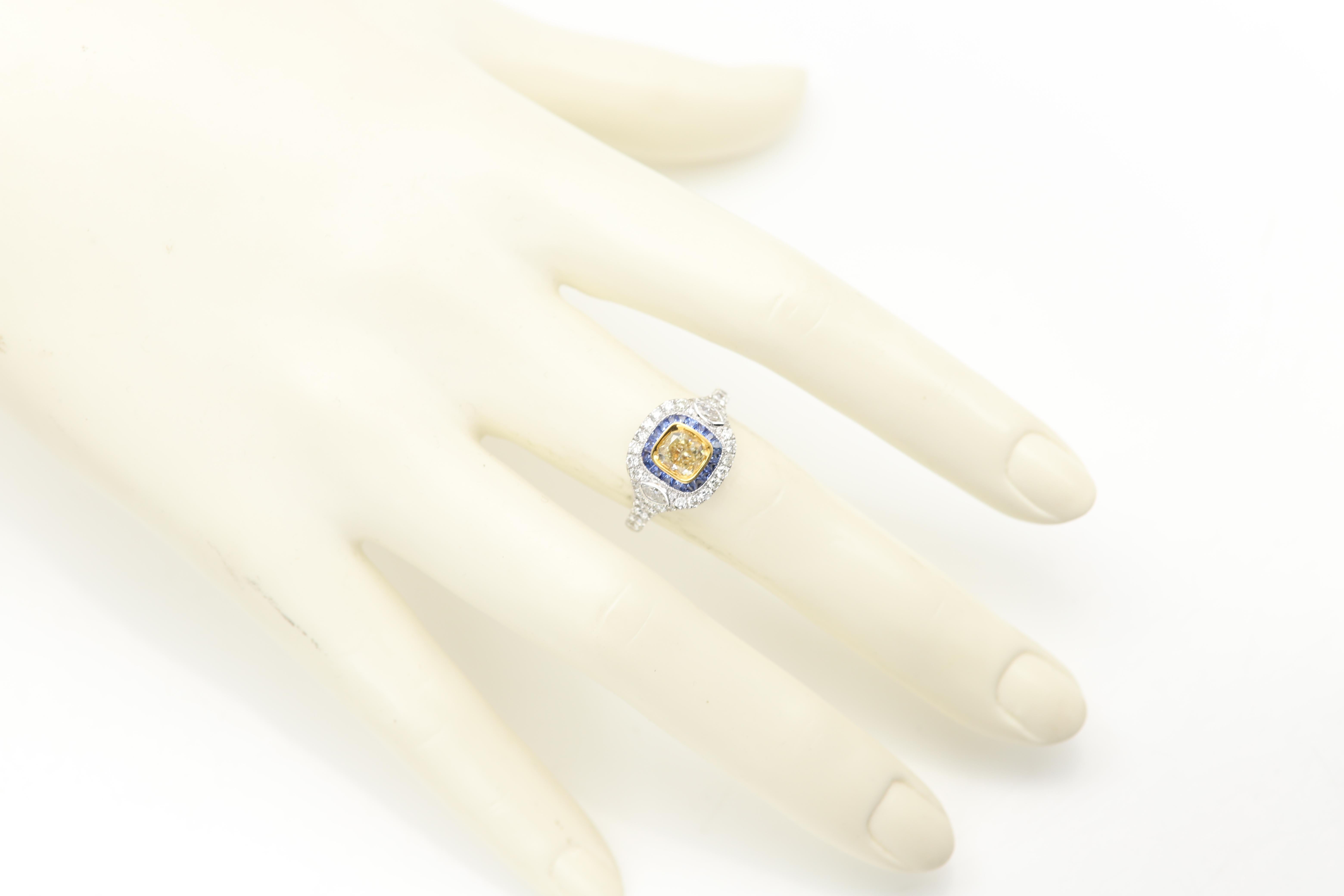 Diamant jaune 1,04 carat  & Bague saphir bleu Bague art déco en or 18 carats Neuf - En vente à Brooklyn, NY