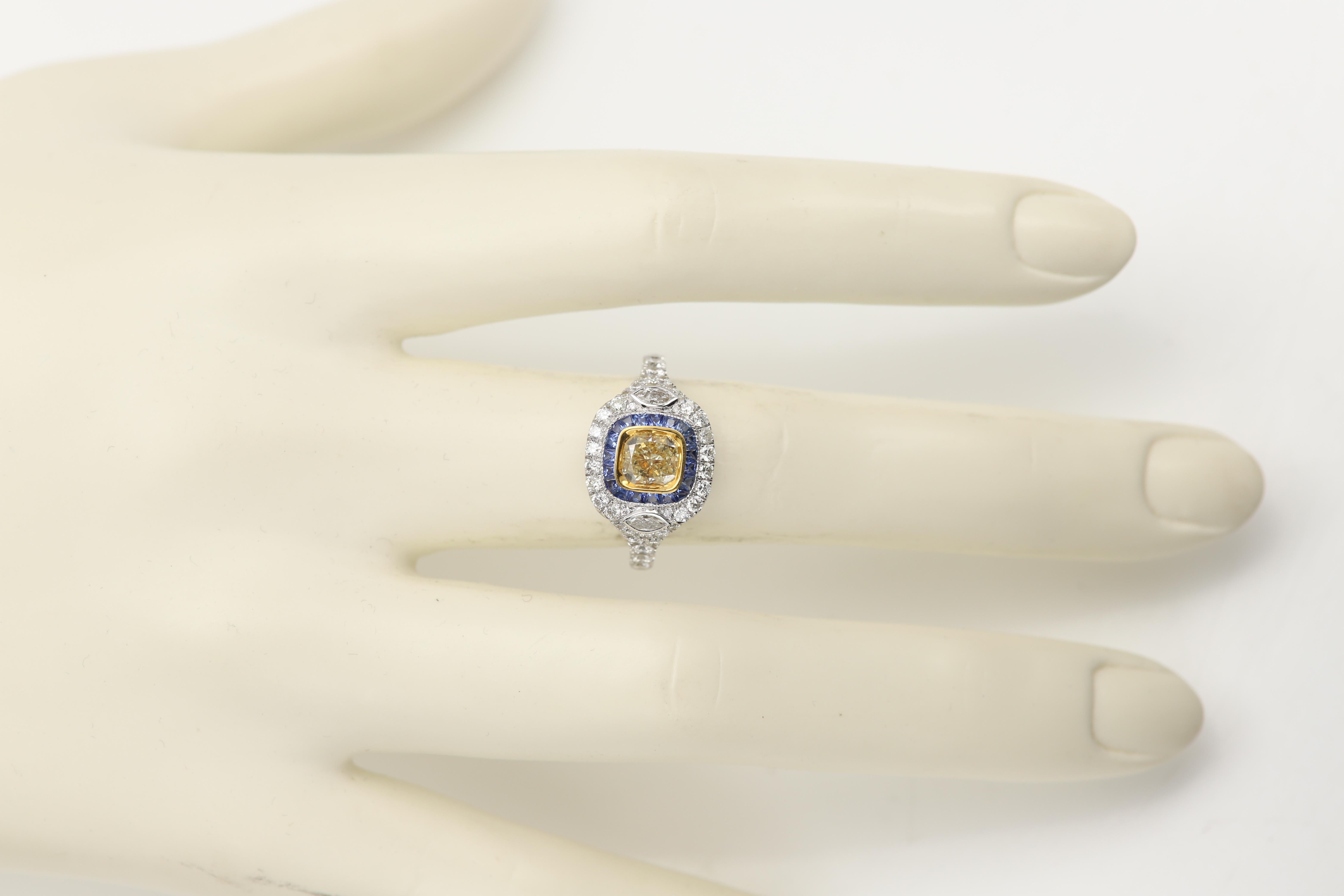 Diamant jaune 1,04 carat  & Bague saphir bleu Bague art déco en or 18 carats Pour femmes en vente