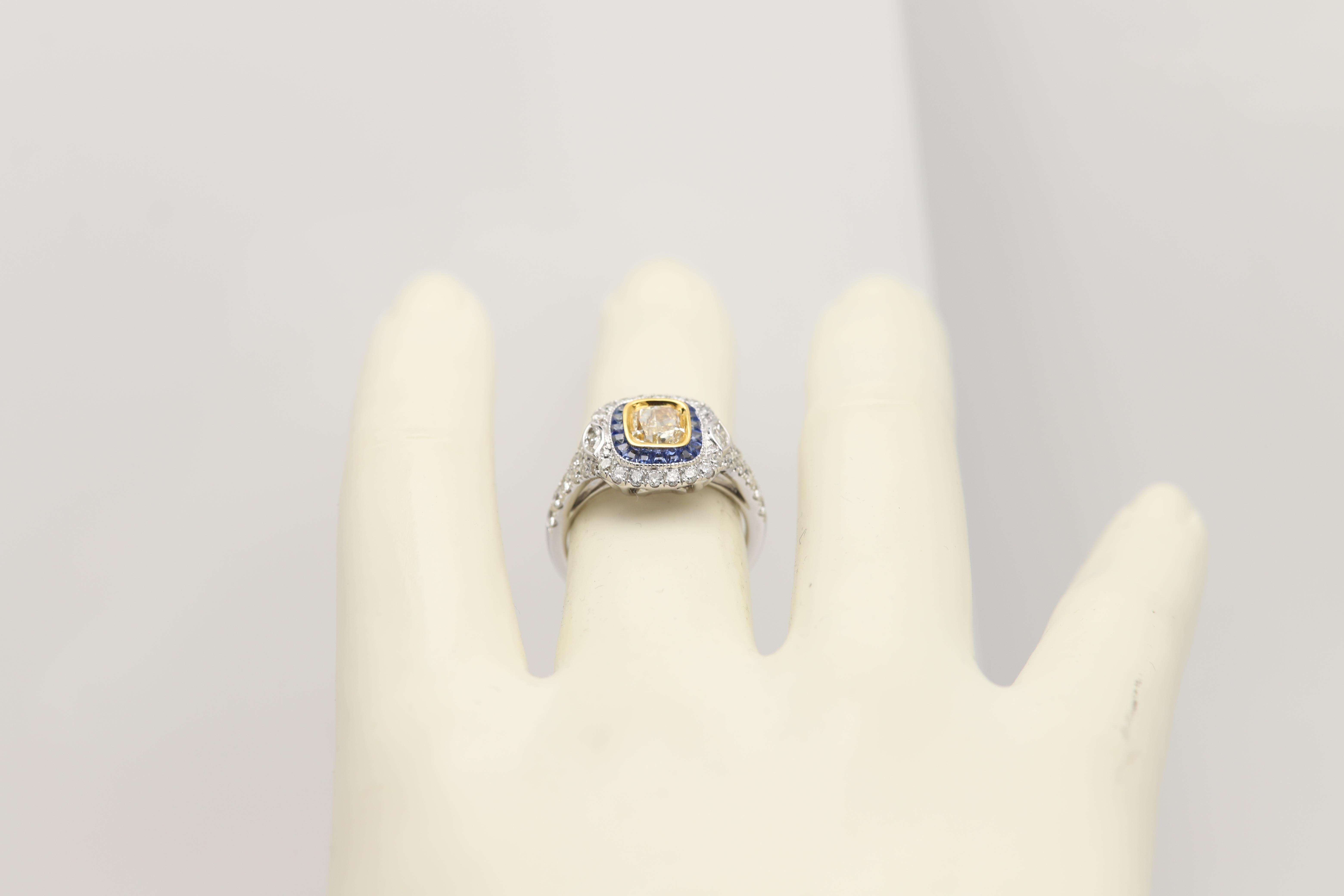 Diamant jaune 1,04 carat  & Bague saphir bleu Bague art déco en or 18 carats en vente 3